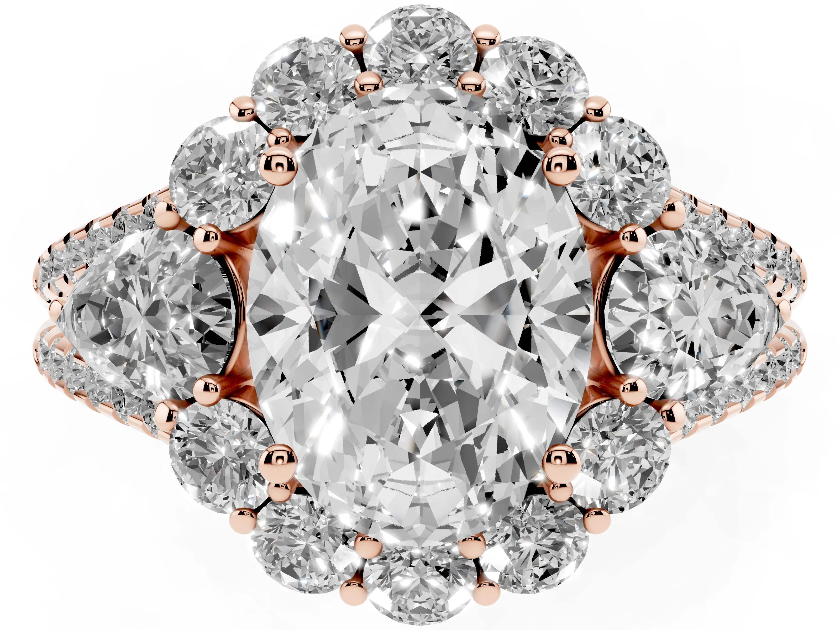 Oval Cut Diamond Halo Split Shank Engagement Ring Set in Rose gold with Prong-Held Center Stone