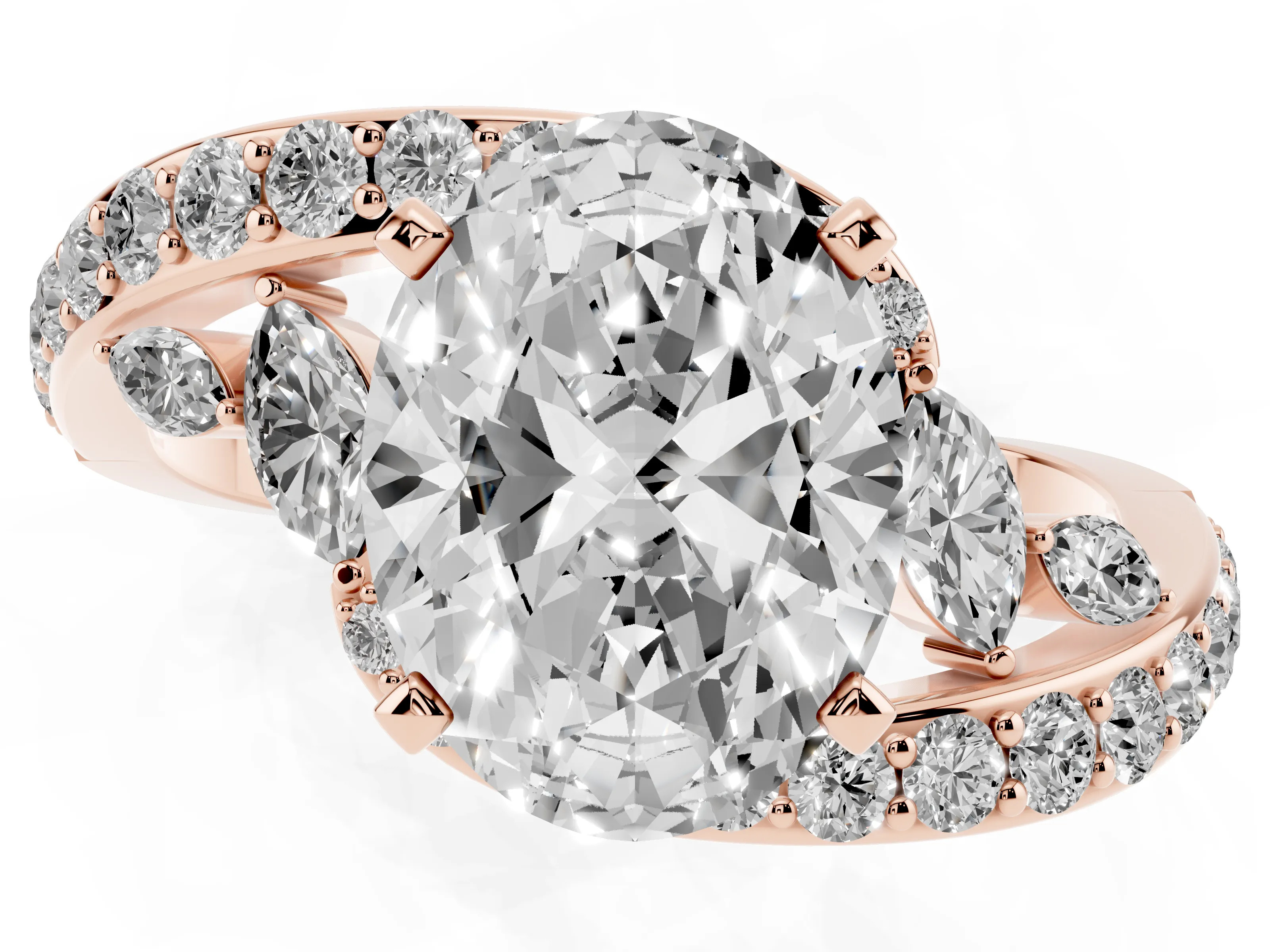 Oval Cut Diamond Solitaire Ring Set in Rose gold with Pavé Twist Band and Secure Prong Setting