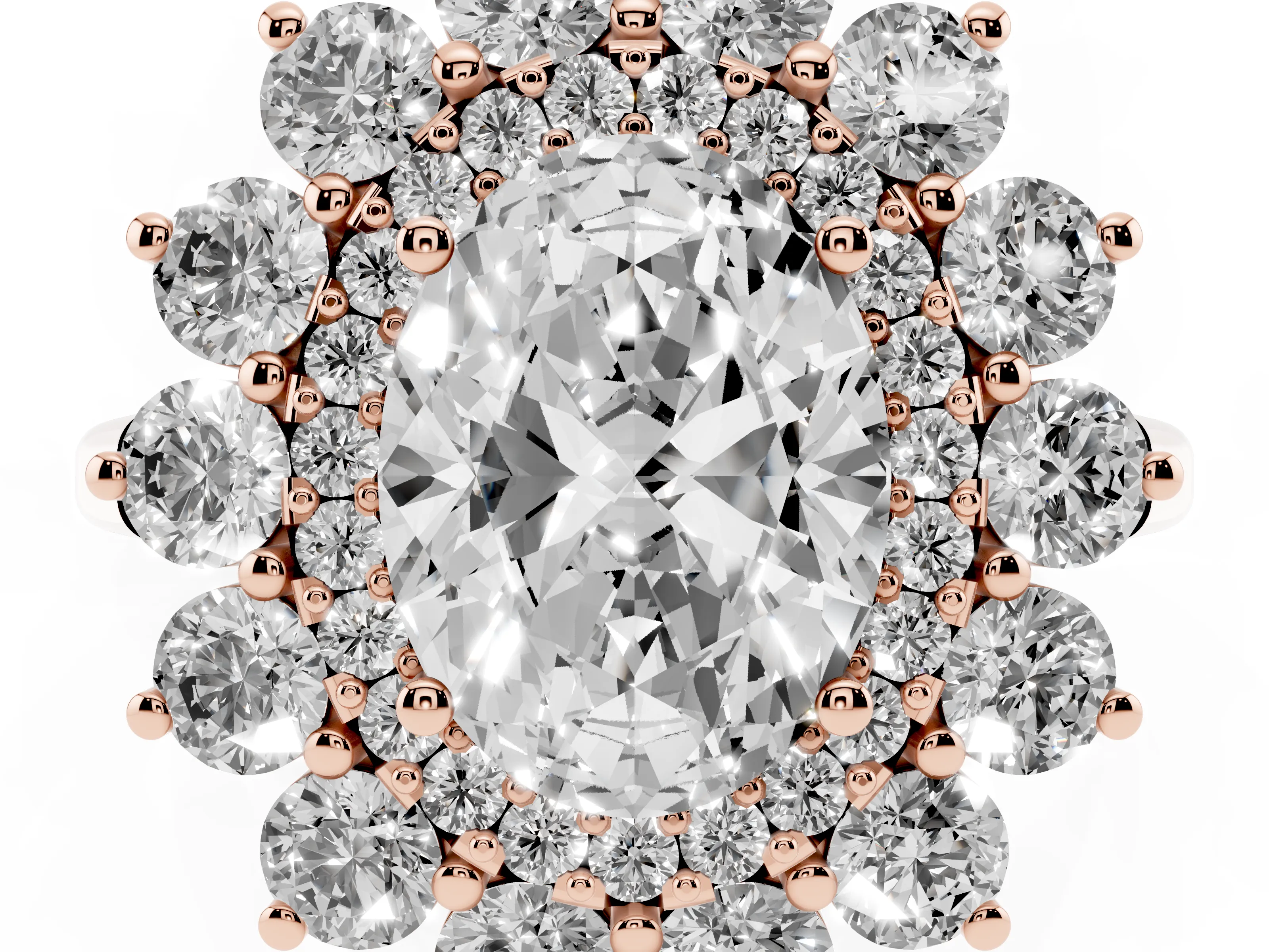 Oval Cut Diamond Floral Double Halo Ring Set in Rose gold with Round Petals