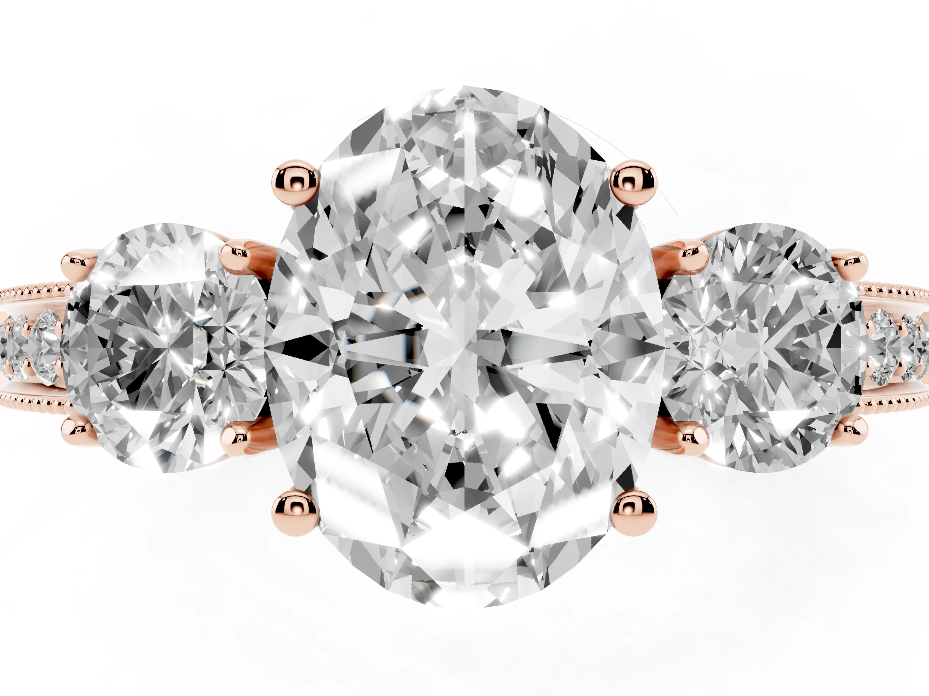 Oval Cut Diamond Three-Stone Ring Set in Rose gold with Round Side Stones and Pavé Band