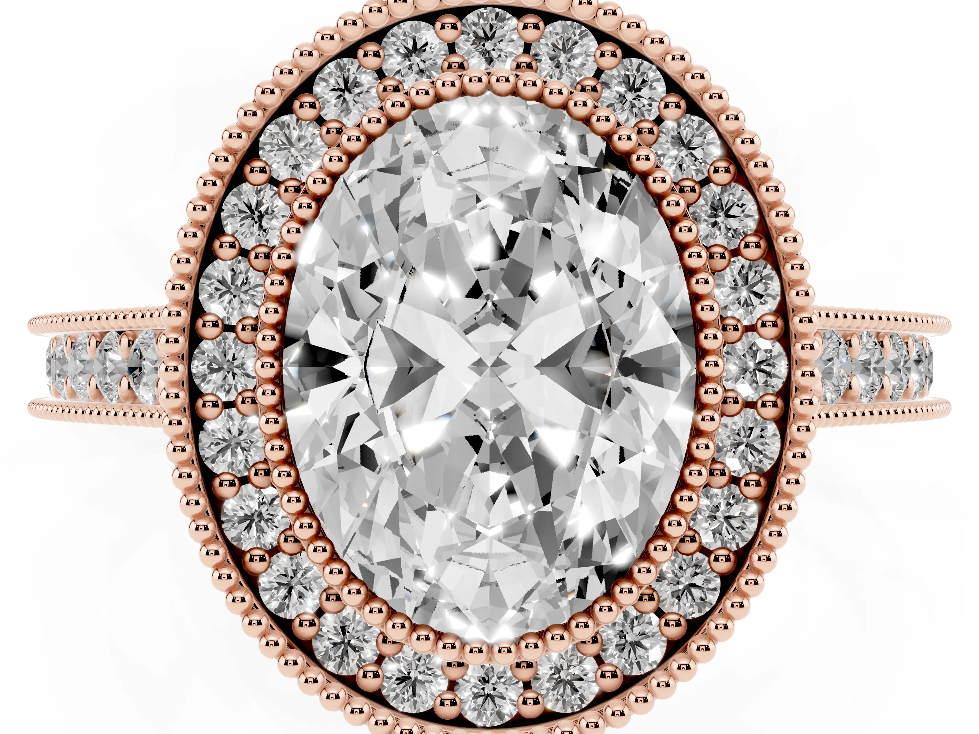 Oval Cut Diamond Halo Milgrain Pavé Band Ring Set in Rose gold with Prong Setting
