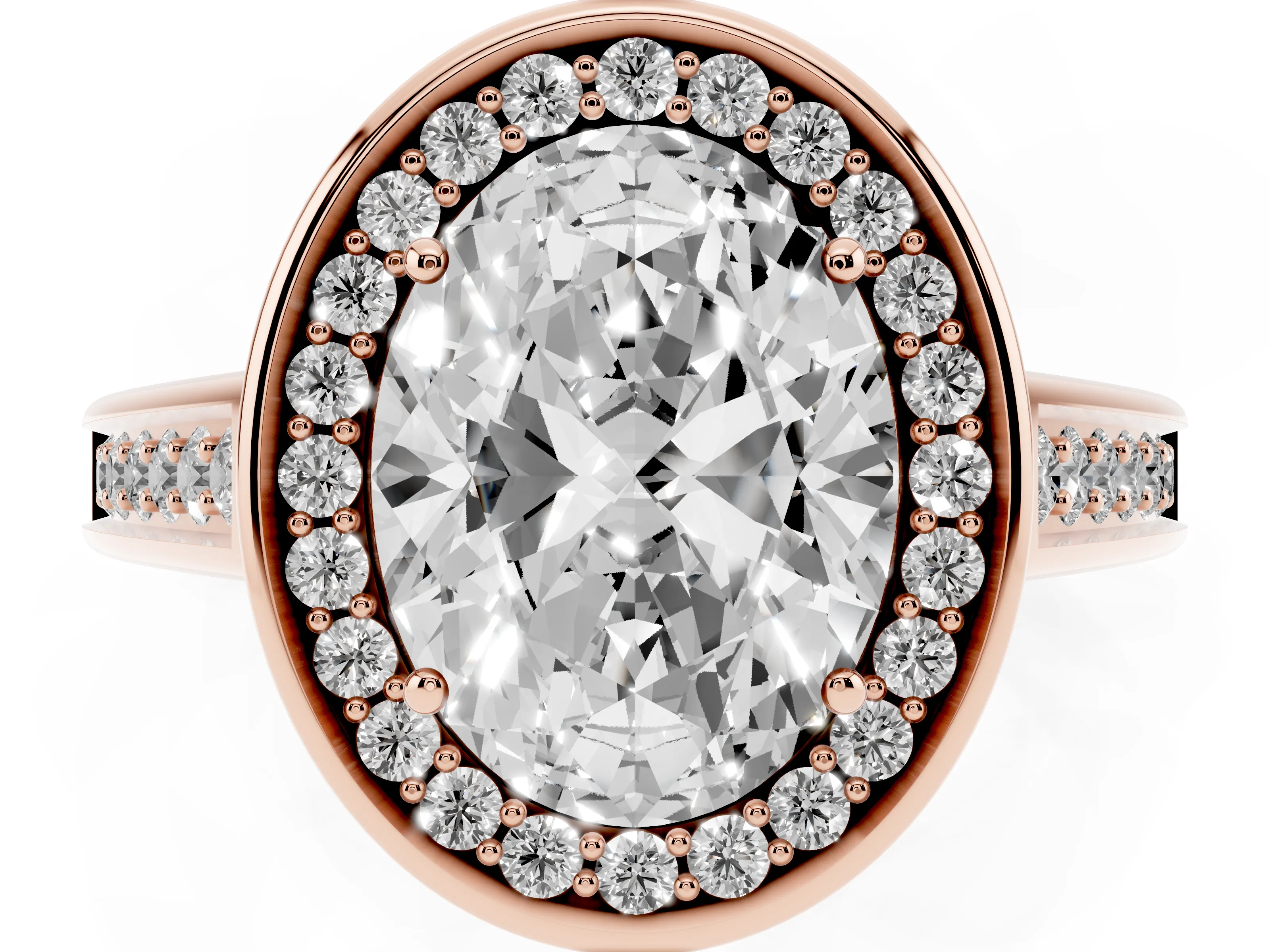 Oval Cut Diamond Halo Solitaire Ring Set in Rose gold with Pavé Band and Bezel Setting