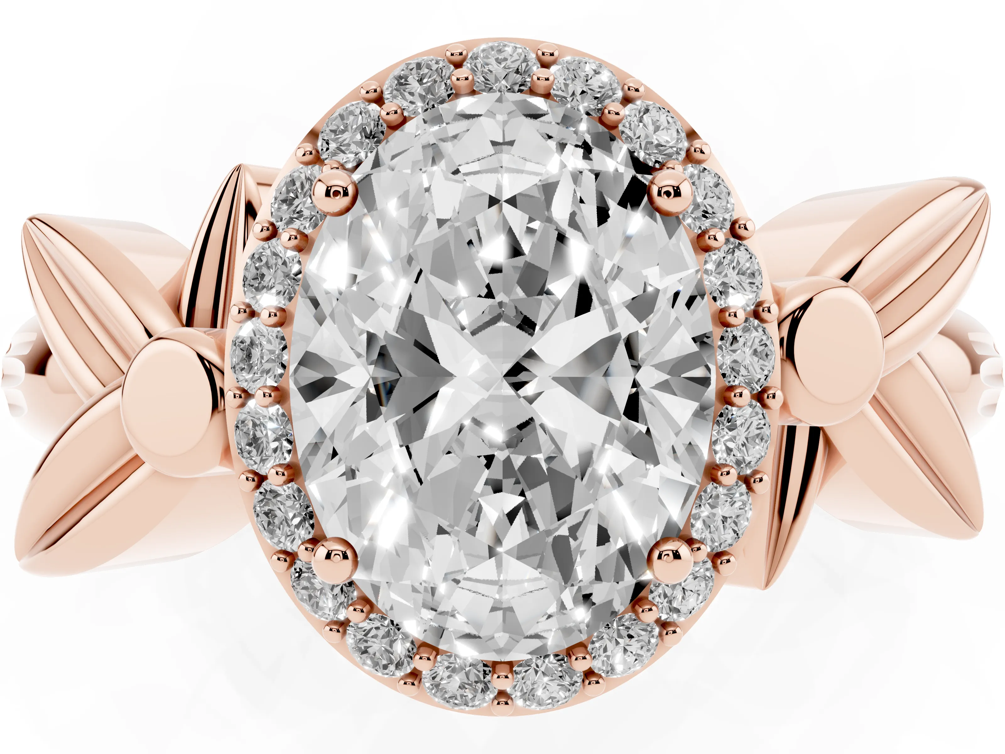 Oval Cut Diamond Halo Floral Band Ring Set in Rose gold with Prong Setting