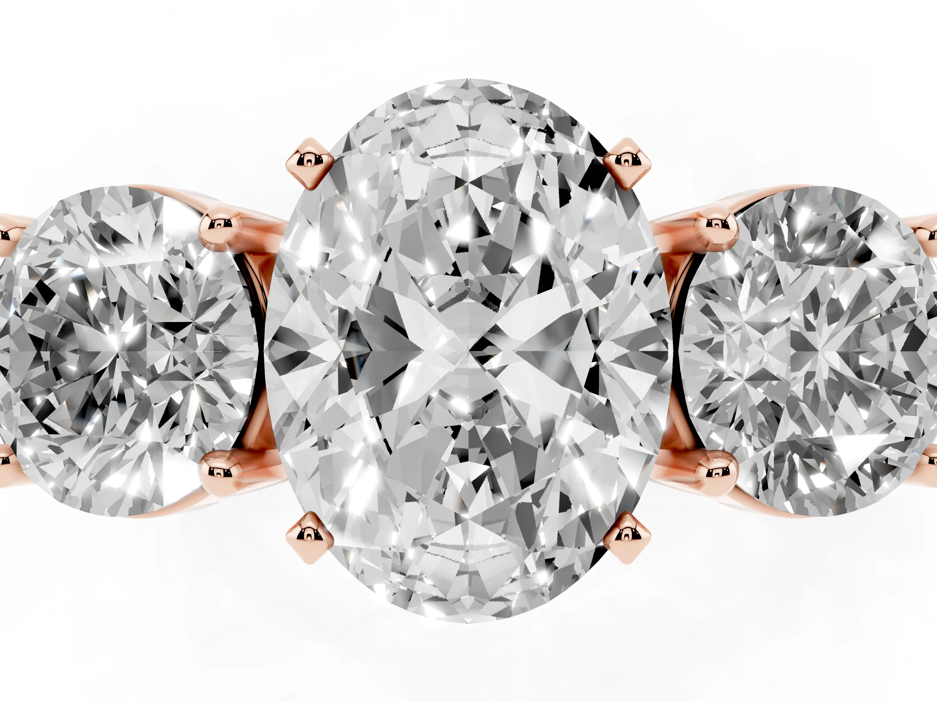 Oval Cut Diamond Three-Stone Ring Set in Rose gold with Round Side Stones and Classic Band