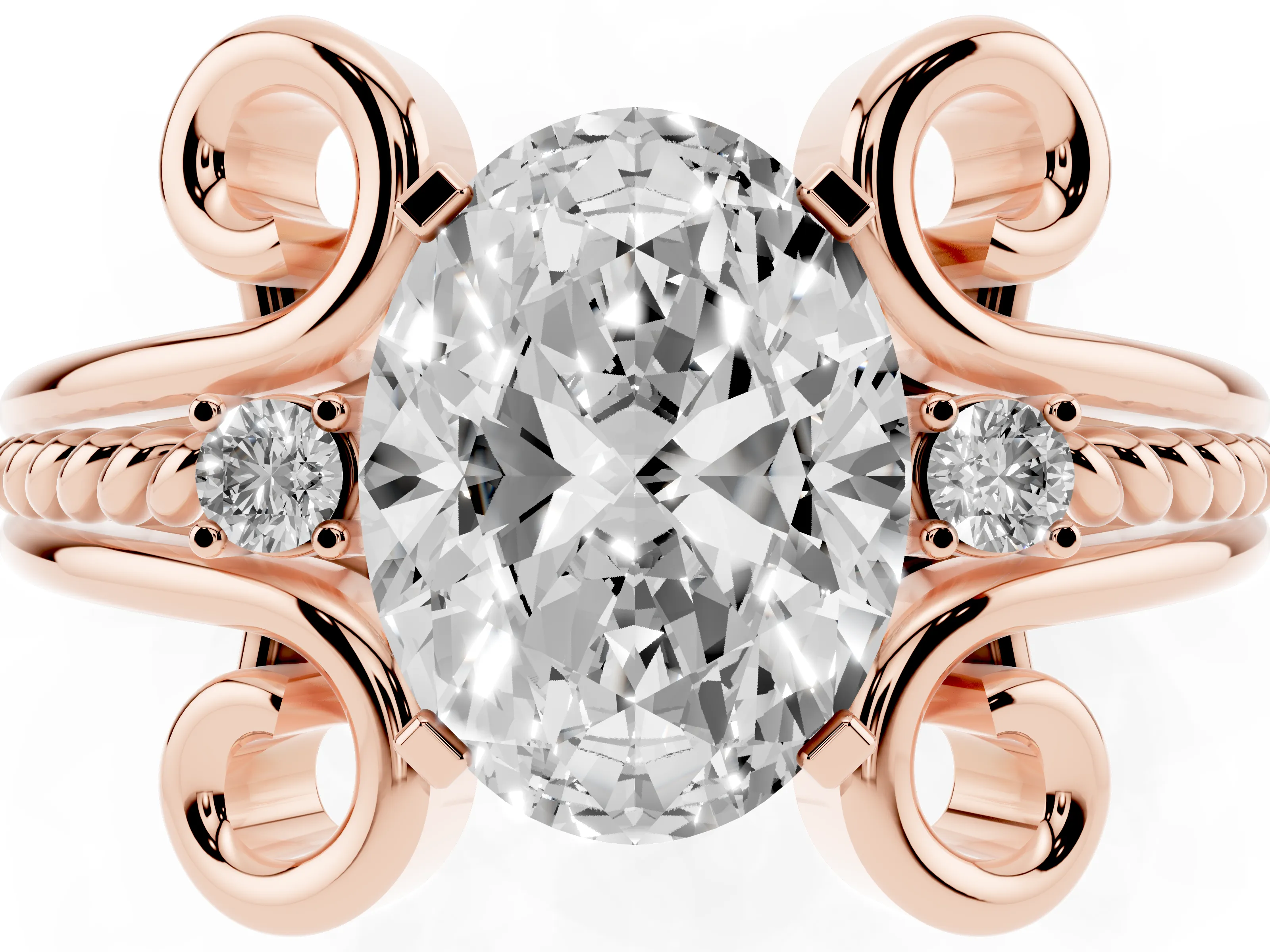 Oval Cut Diamond Twisted Band Solitaire Ring Set in Rose gold with Scroll Prongs