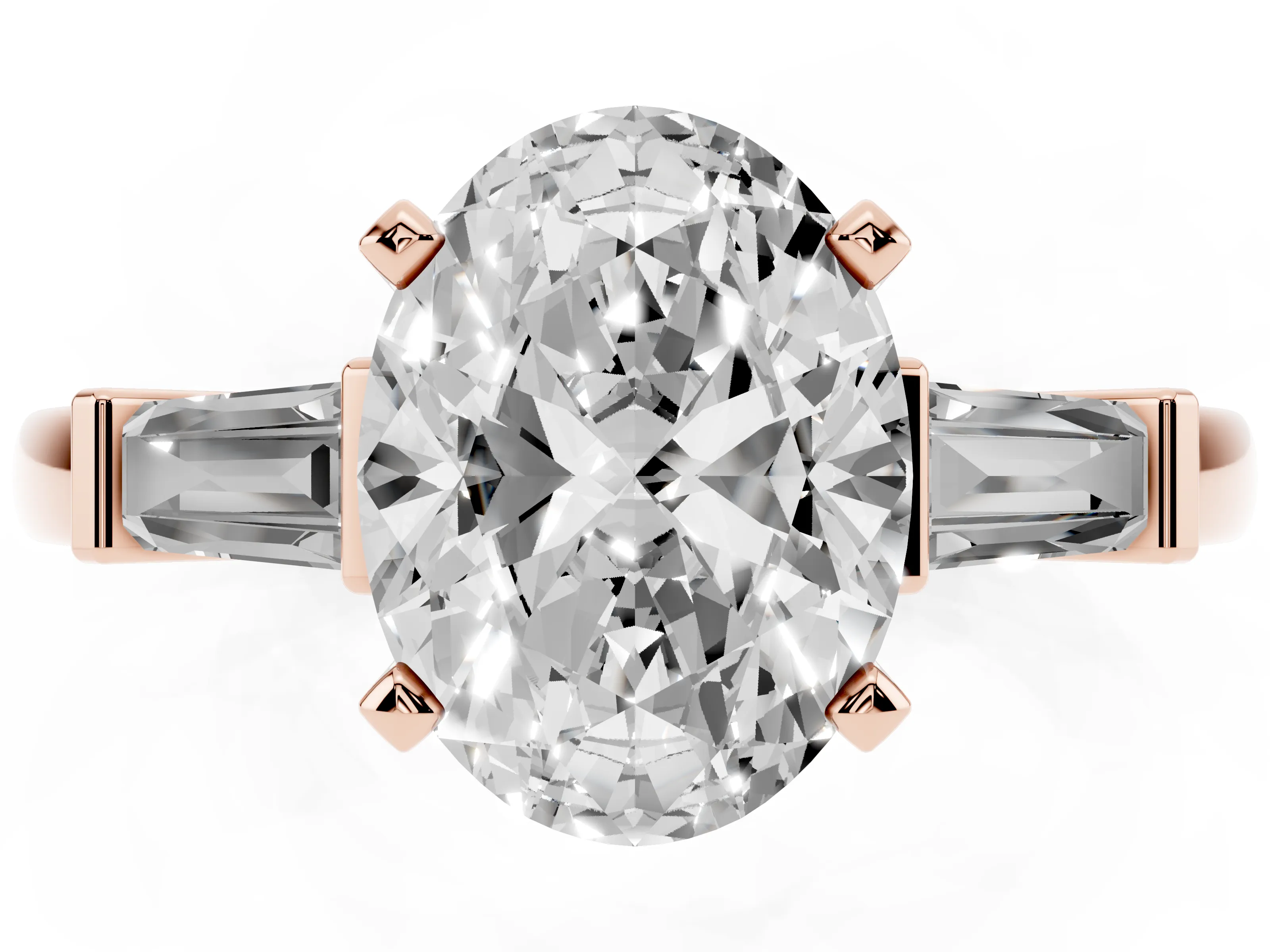 Oval Cut Diamond Solitaire Ring Set in Rose gold with Tapered Baguette Accents and Prong Setting