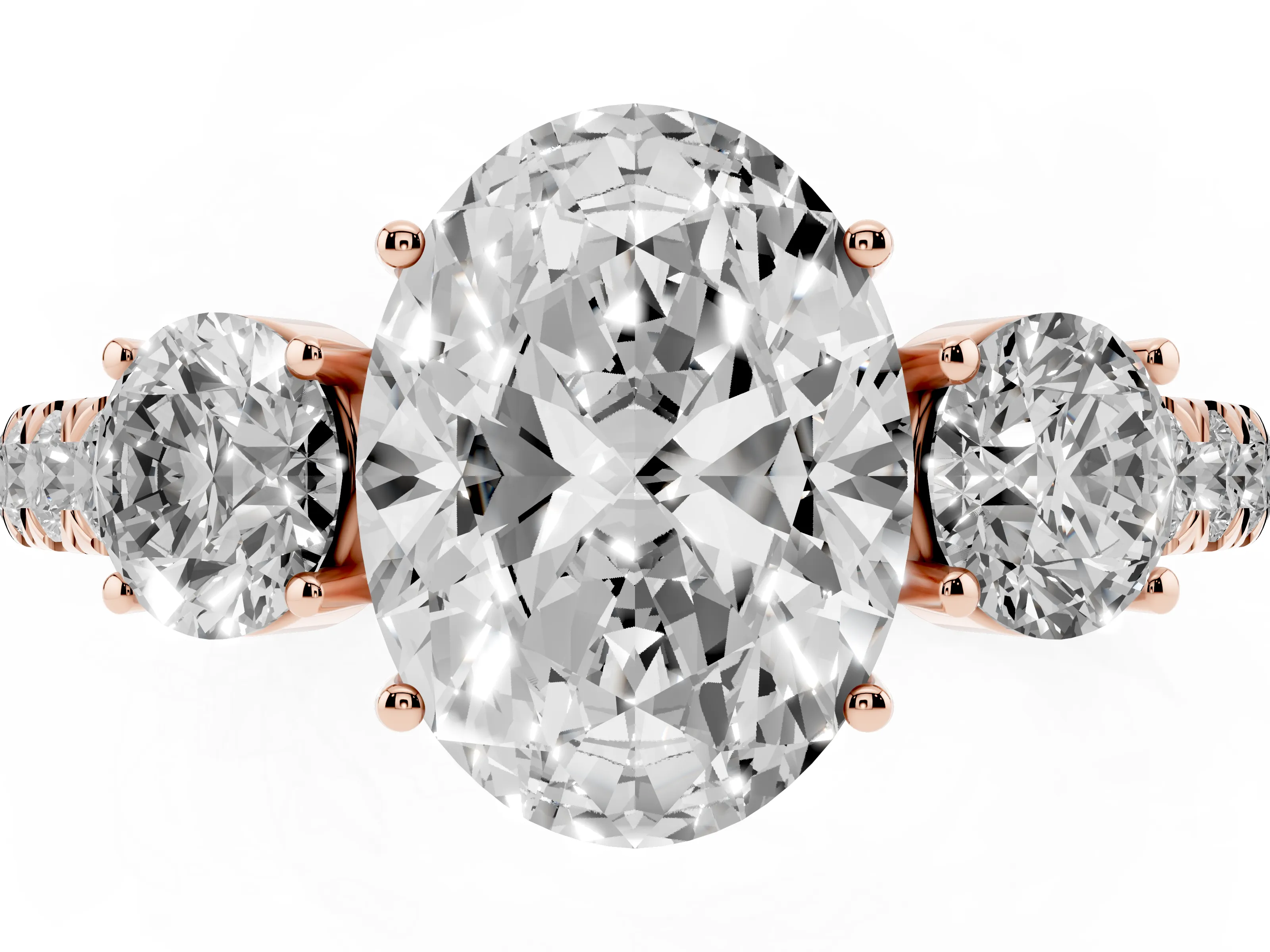 Oval Cut Diamond Three-Stone Ring Set in Rose gold with Round Side Stones and Delicate Pavé Band