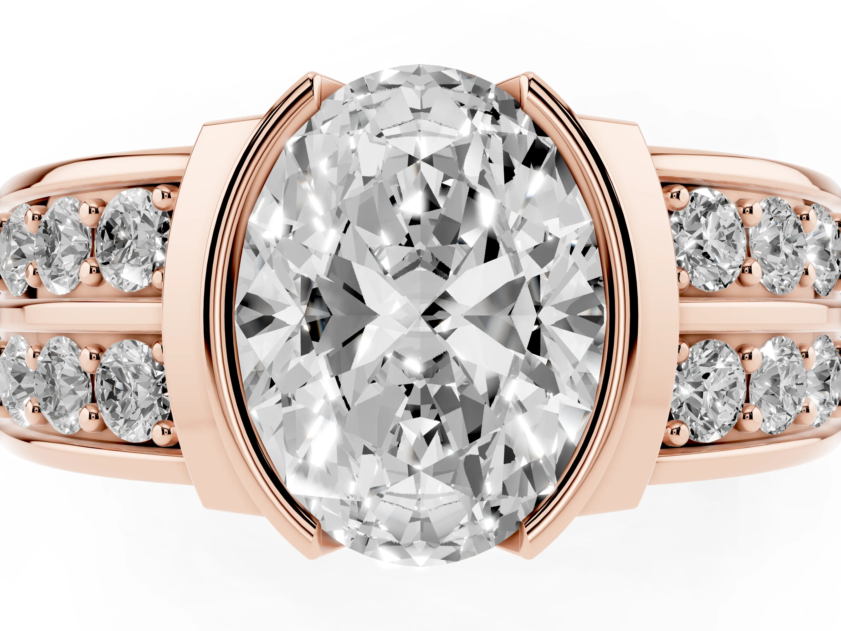 Oval Cut Diamond Wide Channel Set Band Ring Set in Rose gold with Bezel Setting