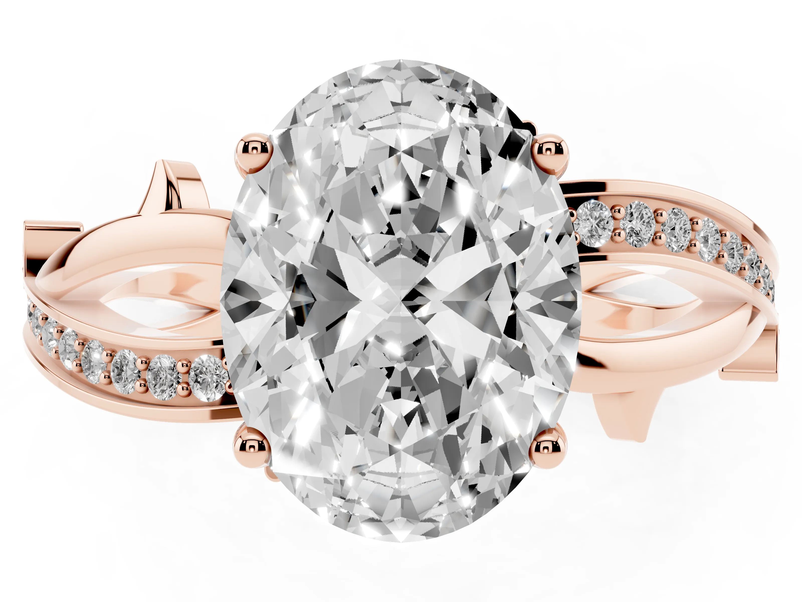 Oval Cut Diamond Pavé Twist Band Solitaire Ring Set in Rose gold with Prong Setting