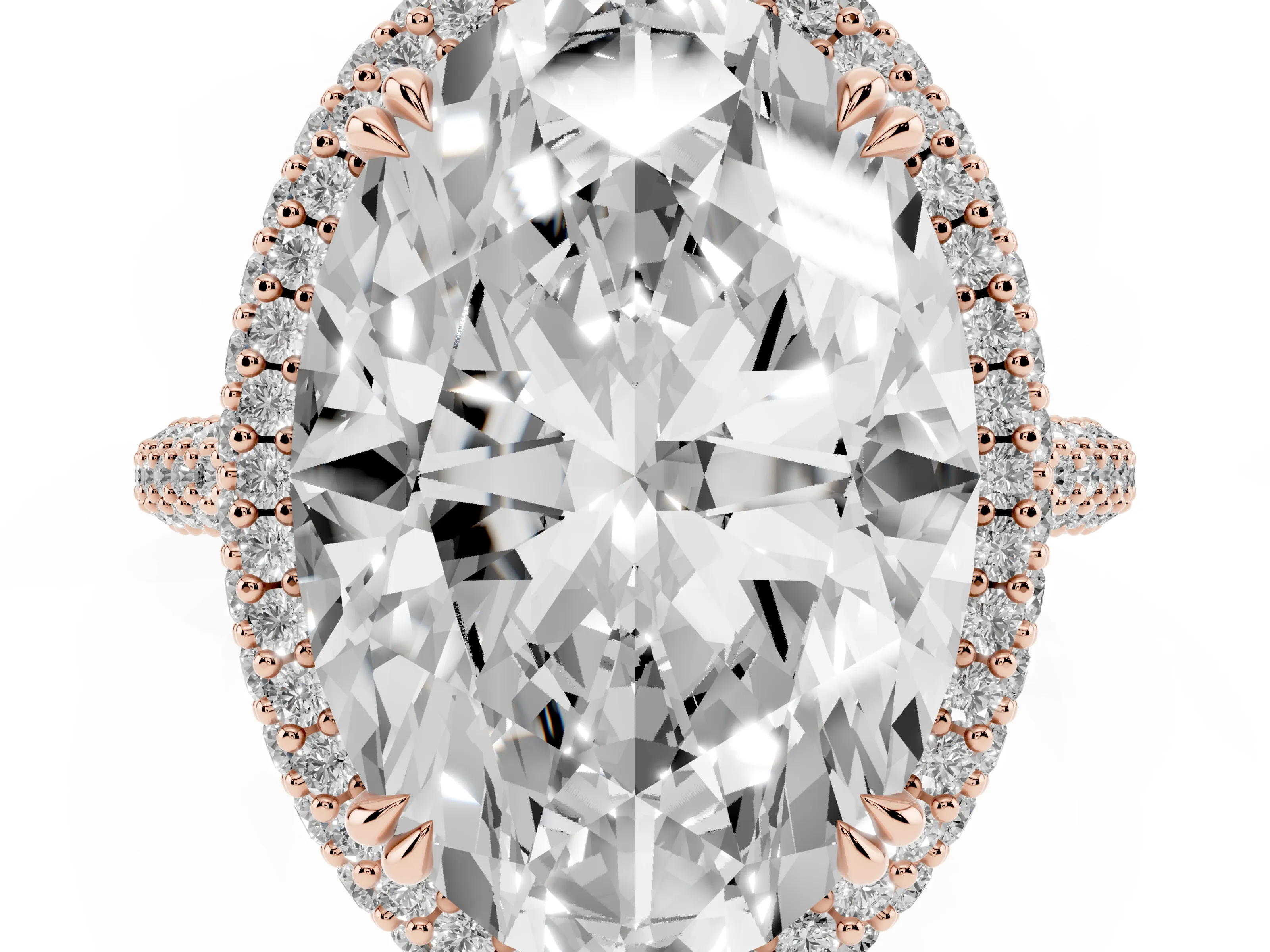 Oval Diamond Halo Ring Set in Rose gold with Round Accent Halo and Pavé Band