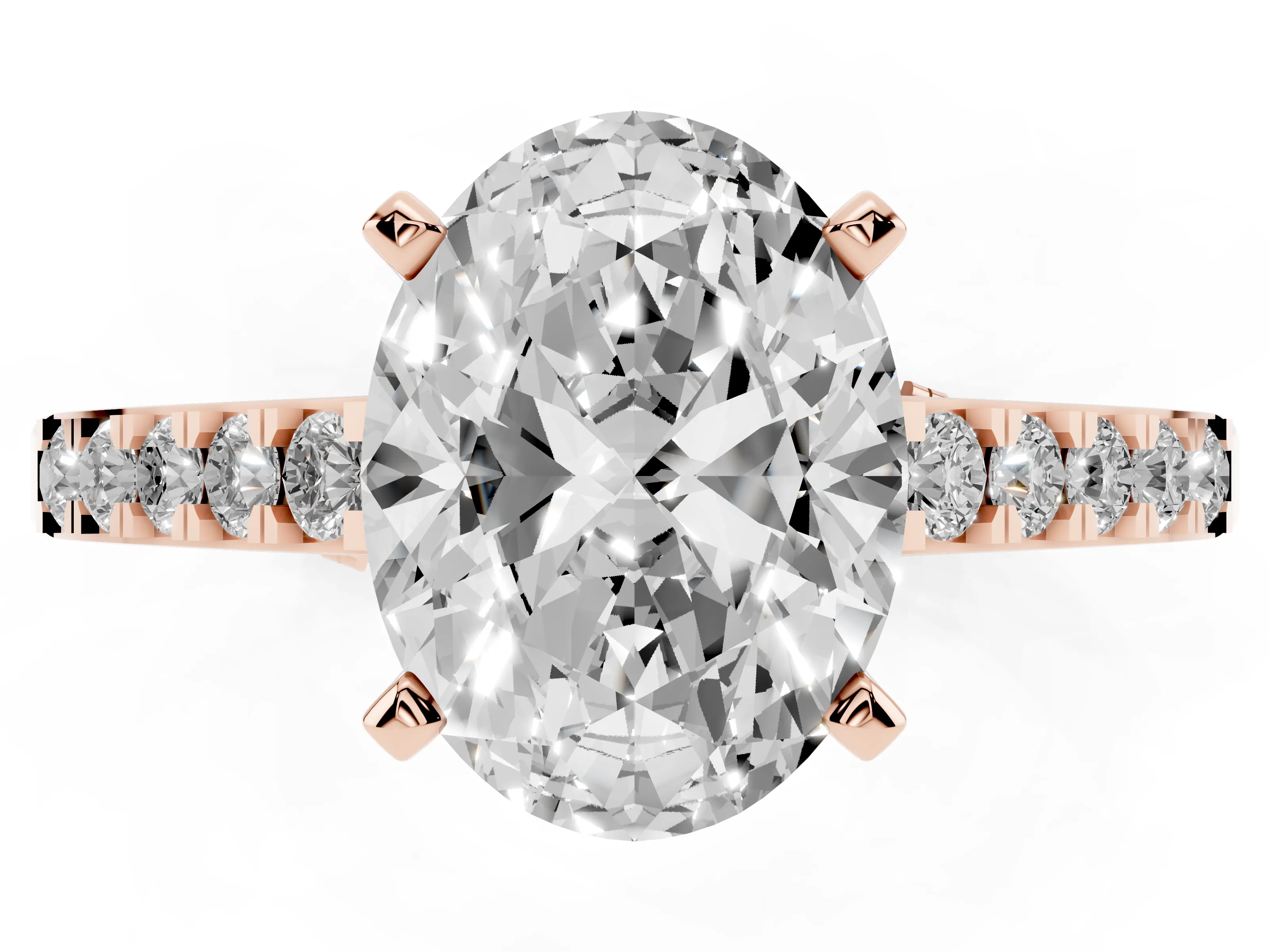 Oval Cut Diamond Solitaire Ring Set in Rose gold with Crossover Gallery and Round Pavé Band