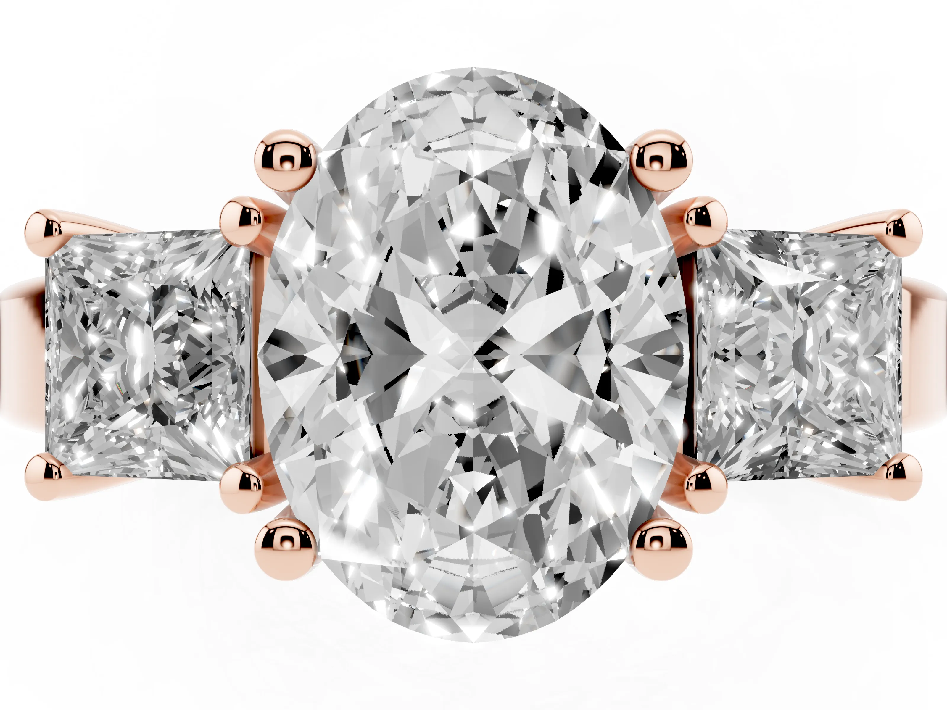 Three-Stone Oval Cut Diamond Solitaire Ring Set in Rose gold with Prong Setting