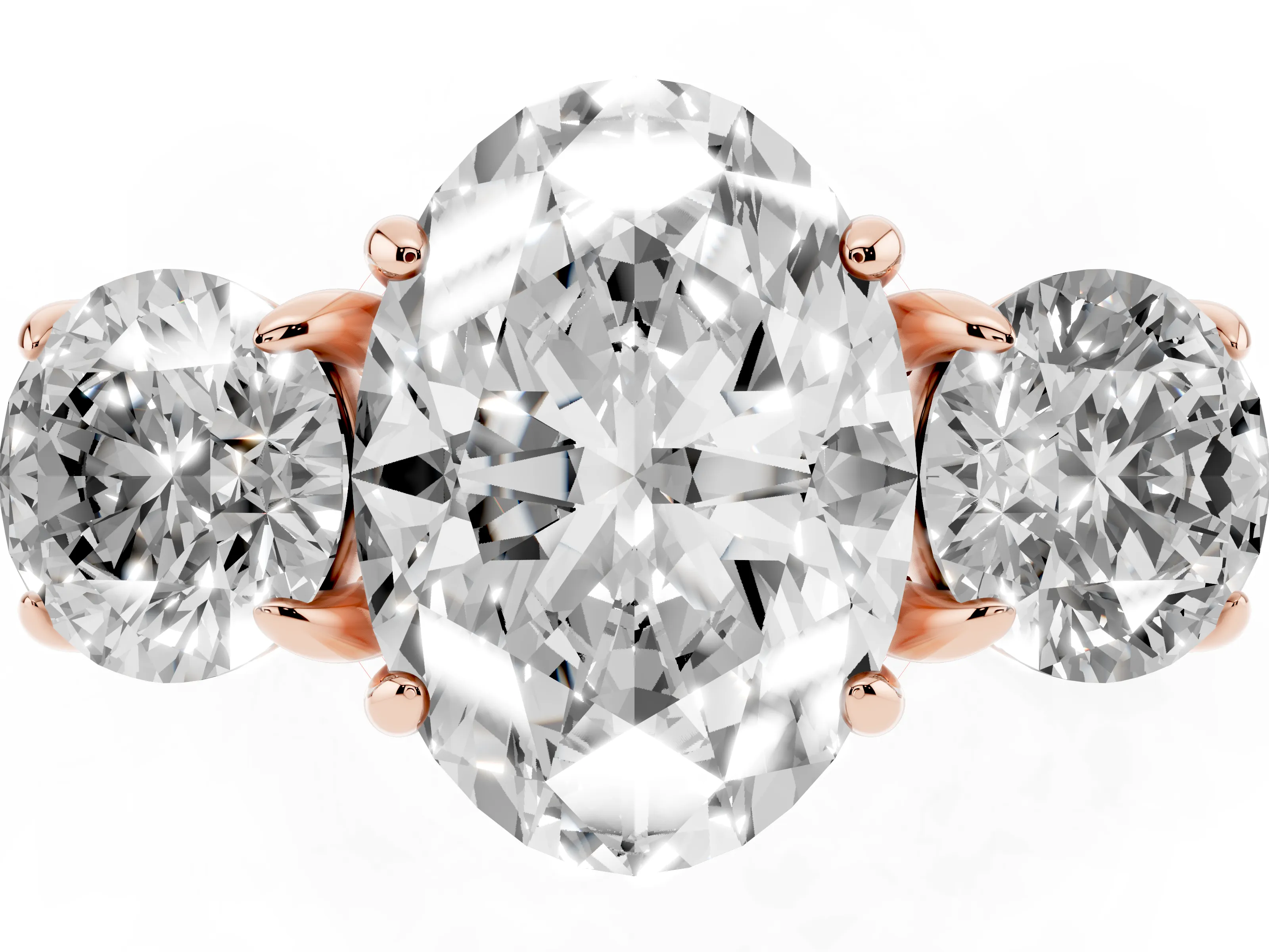 Oval Cut Diamond Three-Stone Ring Set in Rose gold with Round Accent Stones and Plain Band