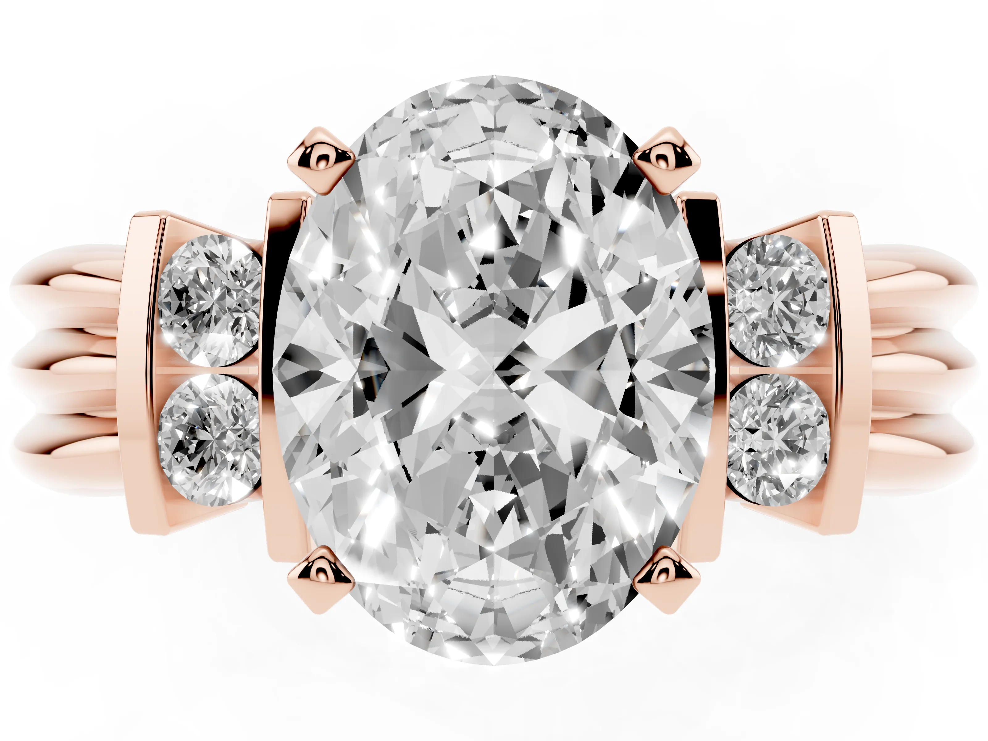 Three-Stone Oval Cut Diamond Channel Set Ring Set in Rose gold with Bar Prongs