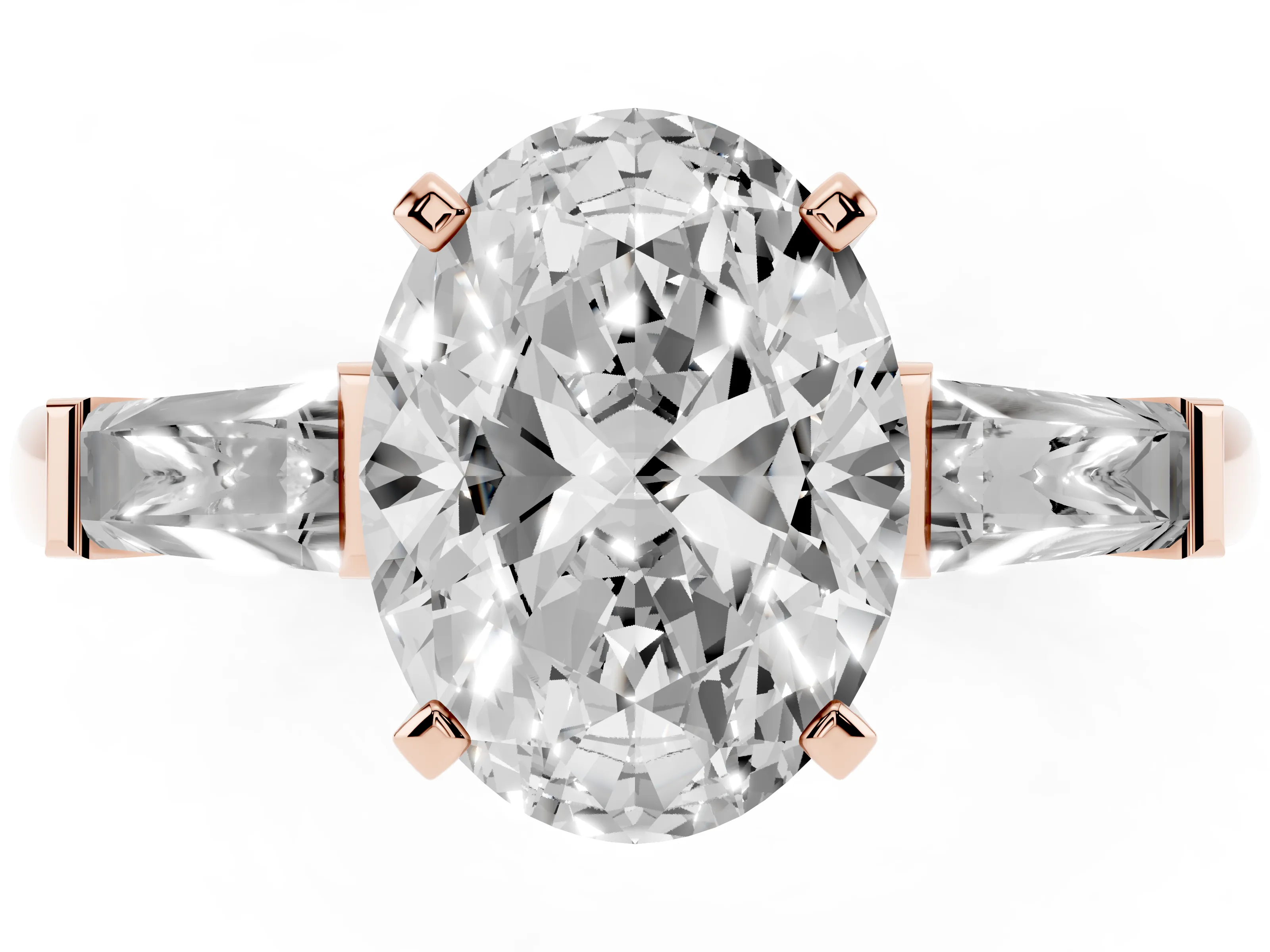 Oval Cut Diamond Solitaire Ring Set in Rose gold with Tapered Baguette Side Stones and Prong Setting