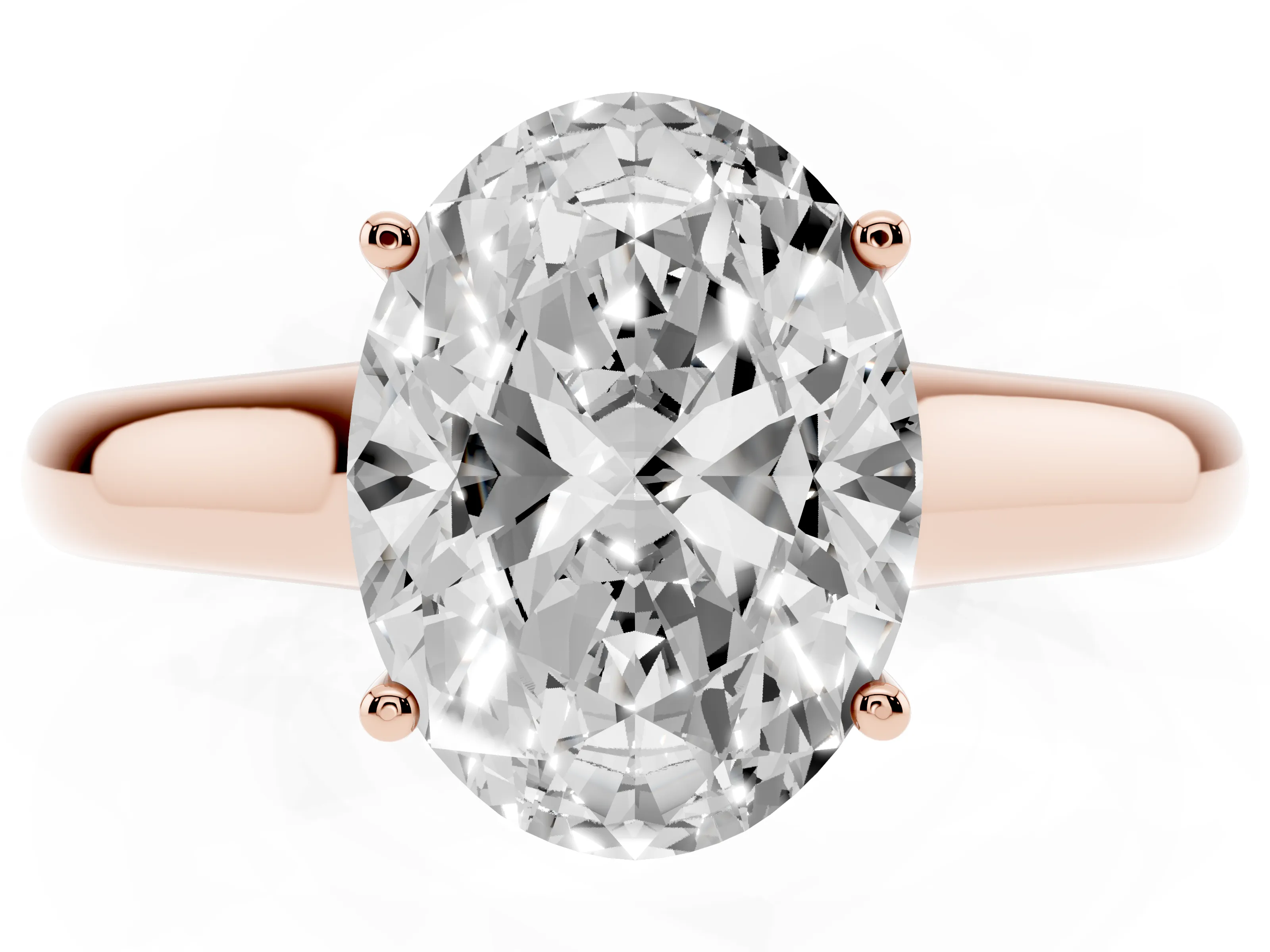 Oval Cut Diamond Solitaire Engagement Ring Set in Rose gold with Subtly Tapered Band and Prong Setting