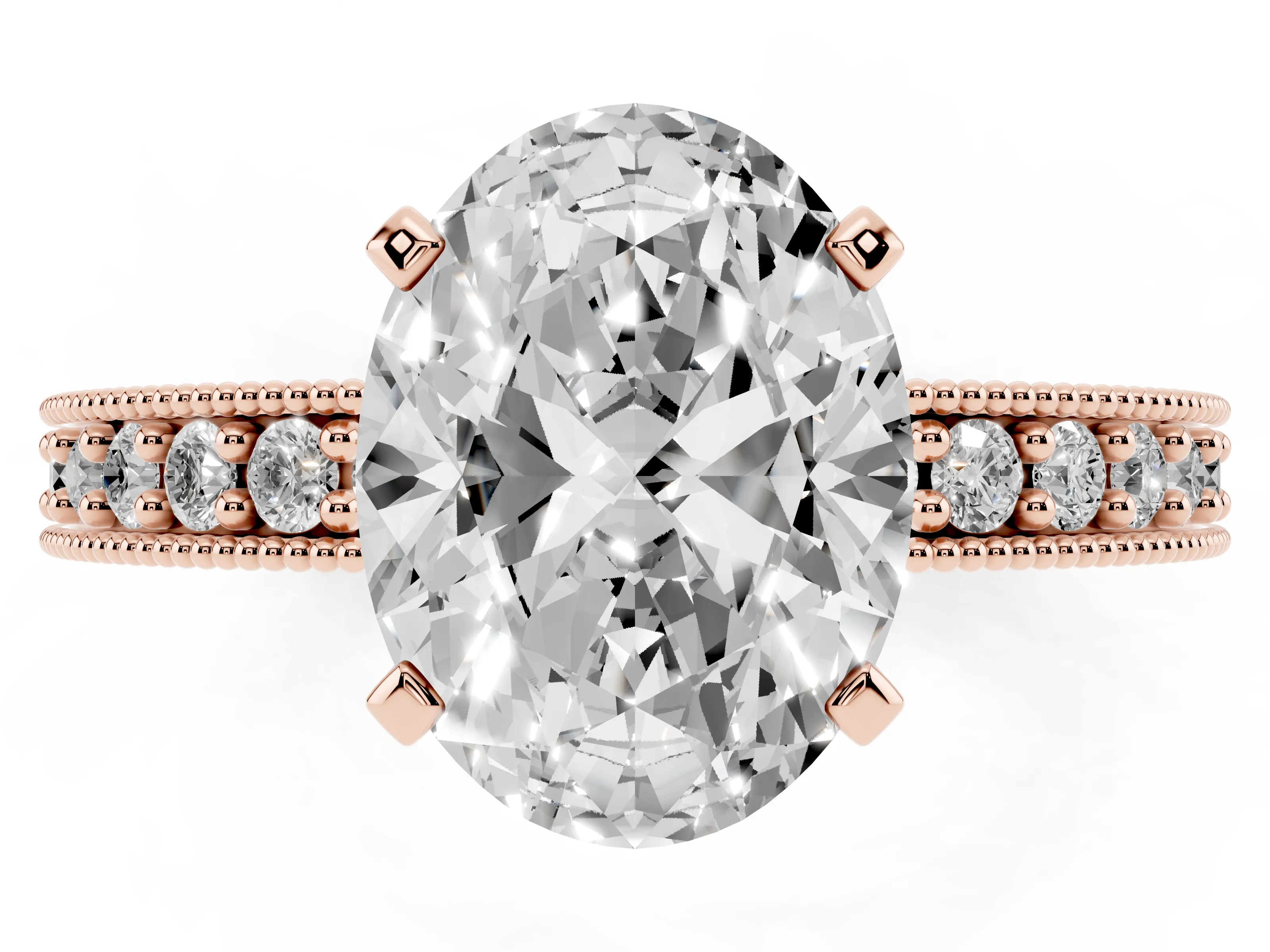 Oval Cut Diamond Milgrain Pavé Engagement Ring Set in Rose gold with Prong Setting