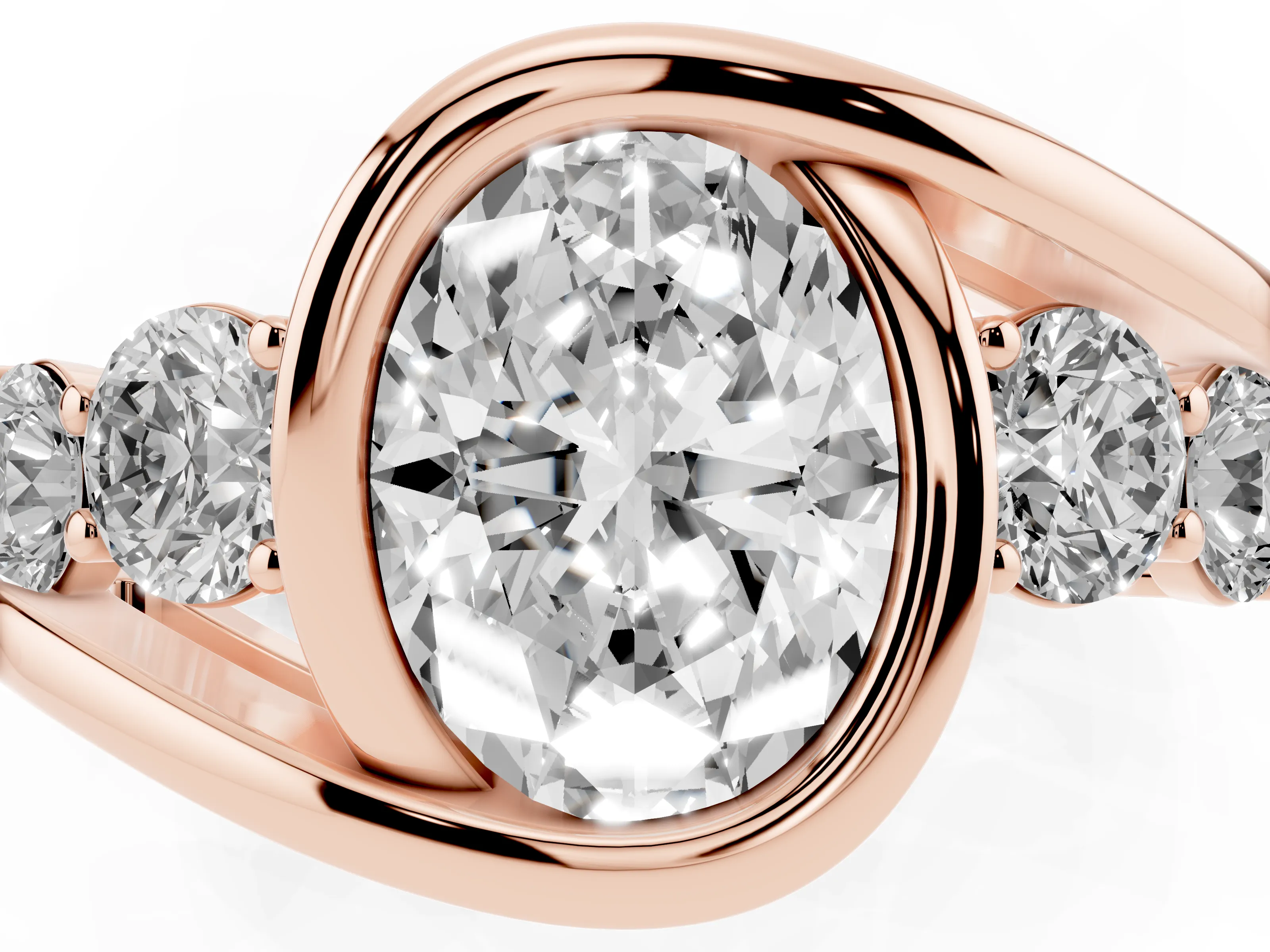 Oval Cut Diamond Bezel Bypass Ring Set in Rose gold with Round Accents
