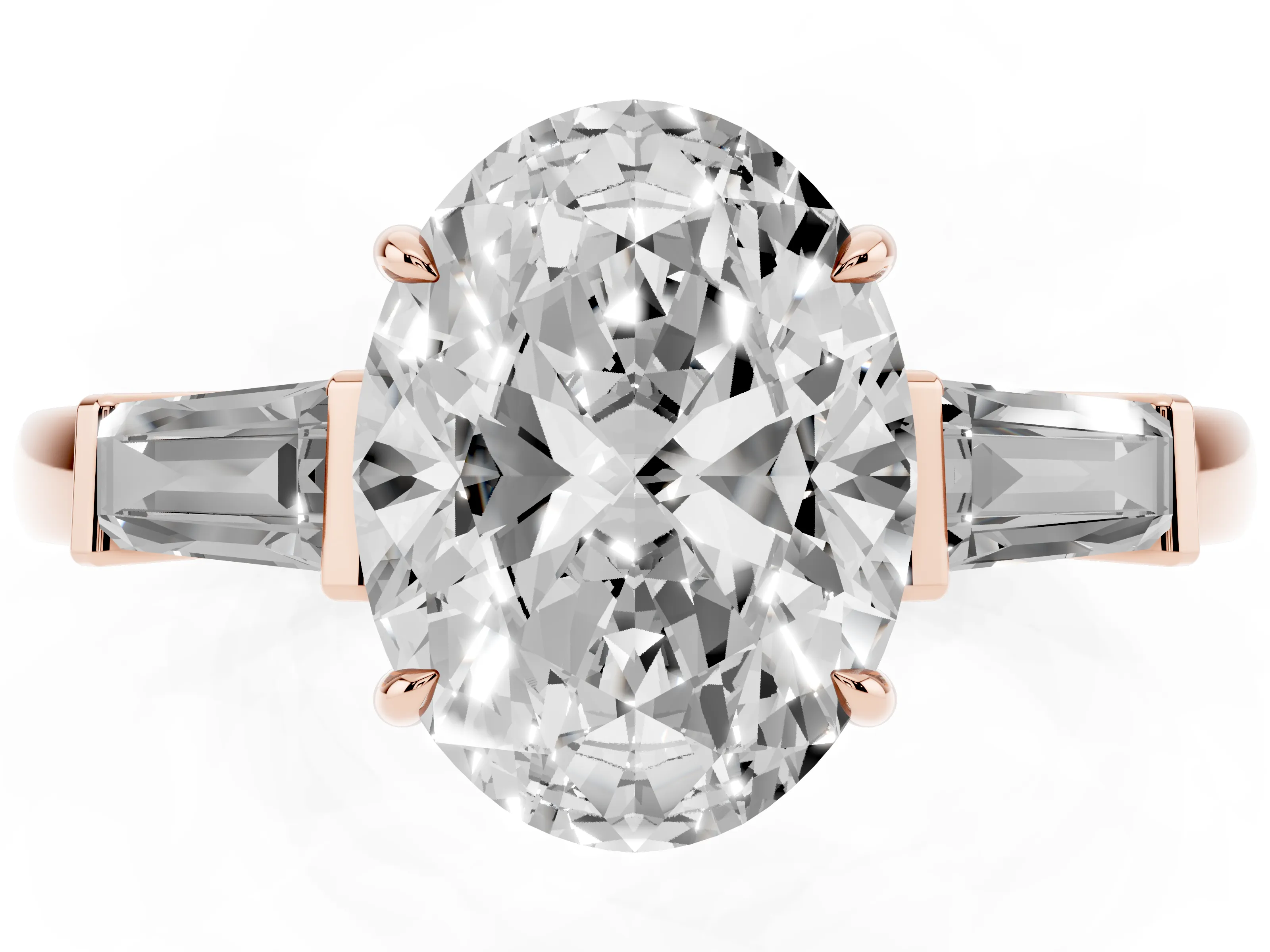 Oval Cut Diamond Three-Stone Ring Set in Rose gold with Tapered Baguette Side Stones and Prong Setting