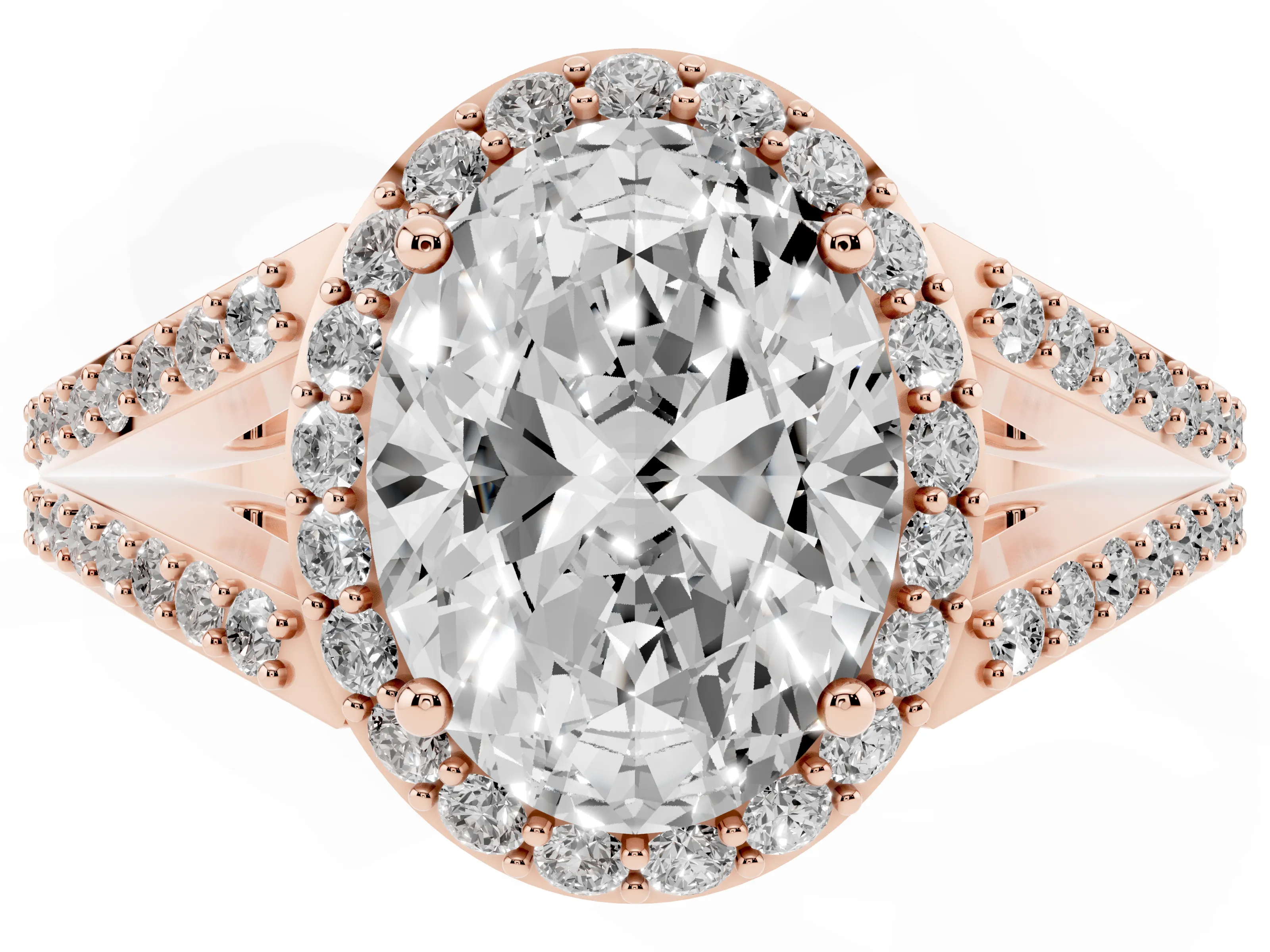 Oval Cut Diamond Halo Split Shank Ring Set in Rose gold with Accent Stones and Prong Setting