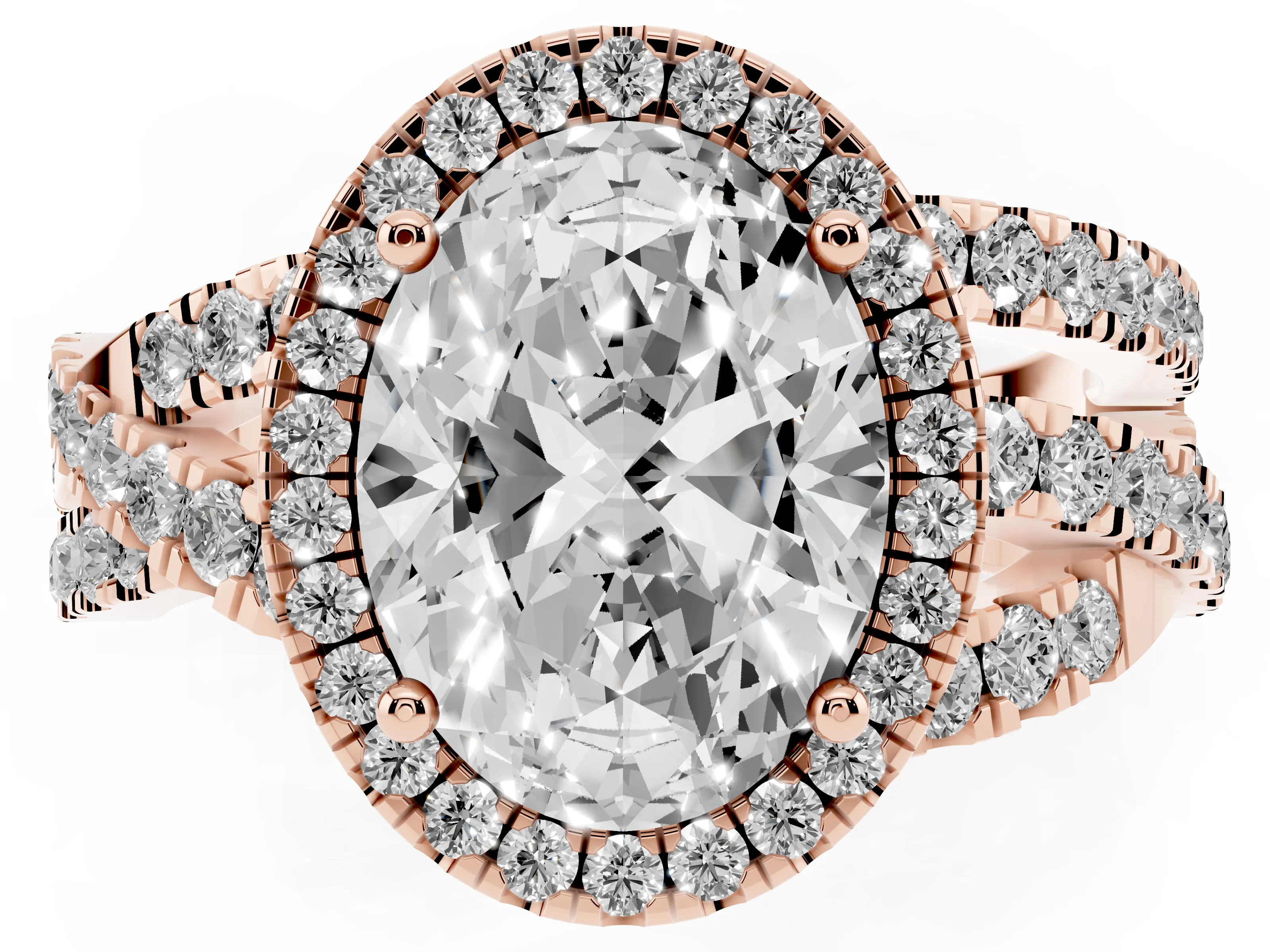 Oval Cut Diamond Halo Ring Set in Rose gold with Round Crossover Split Shank and Prong Setting