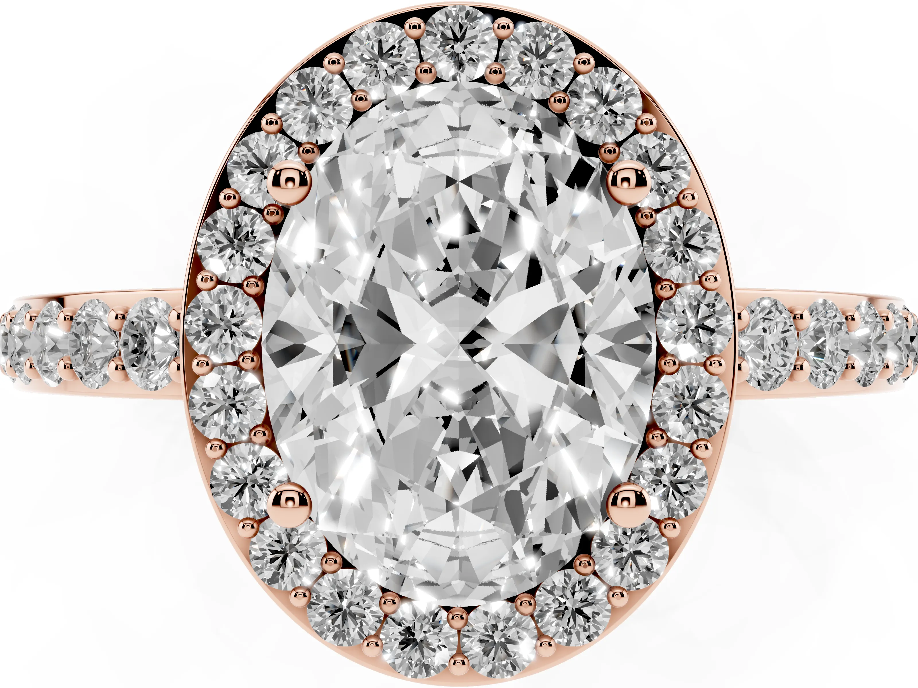 Oval Cut Diamond Halo Ring Set in Rose gold with Pavé-Setting Band and Open Prong Center
