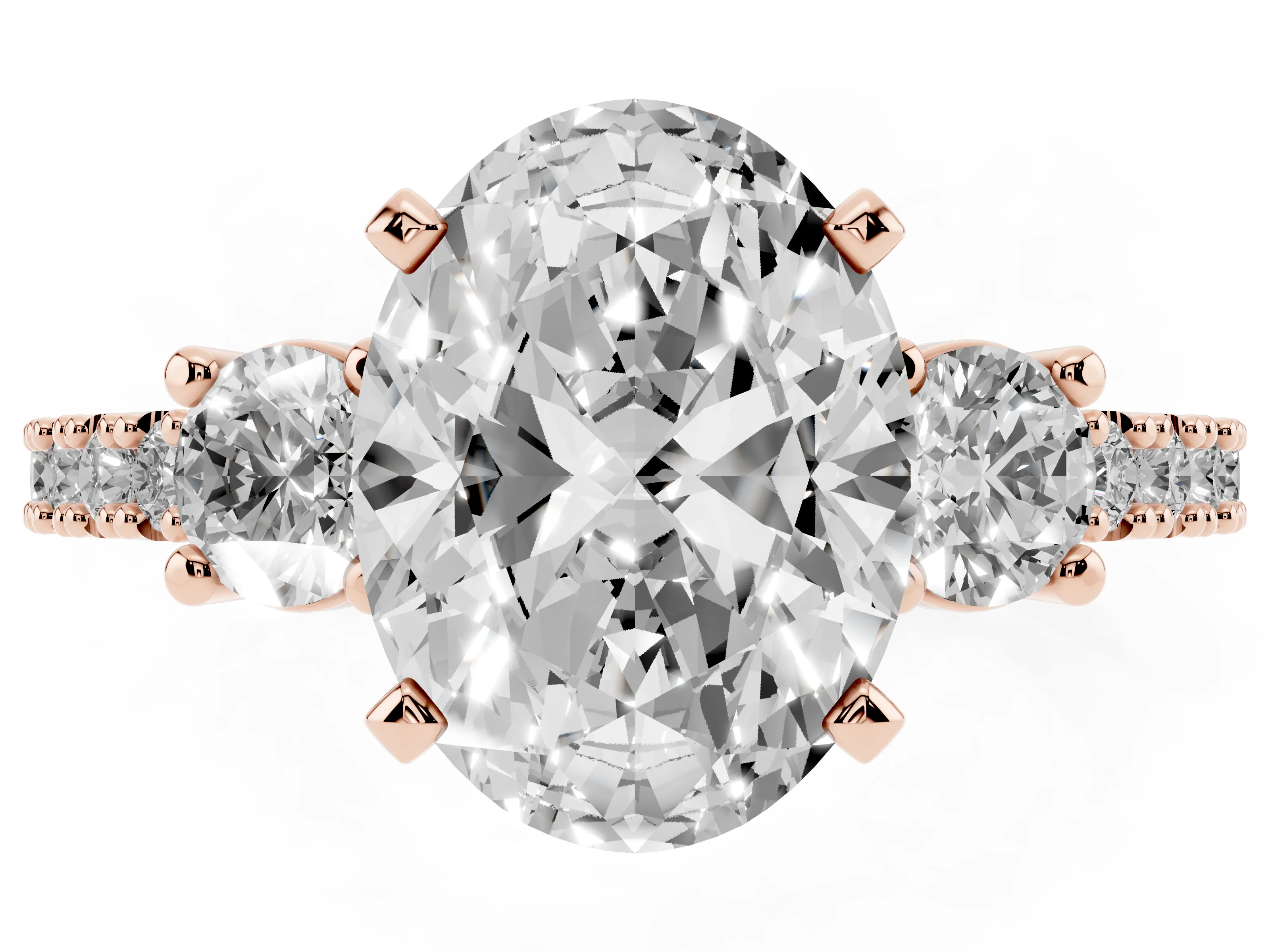Three-Stone Oval Cut Diamond Pavé Band Ring Set in Rose gold with Prong Setting