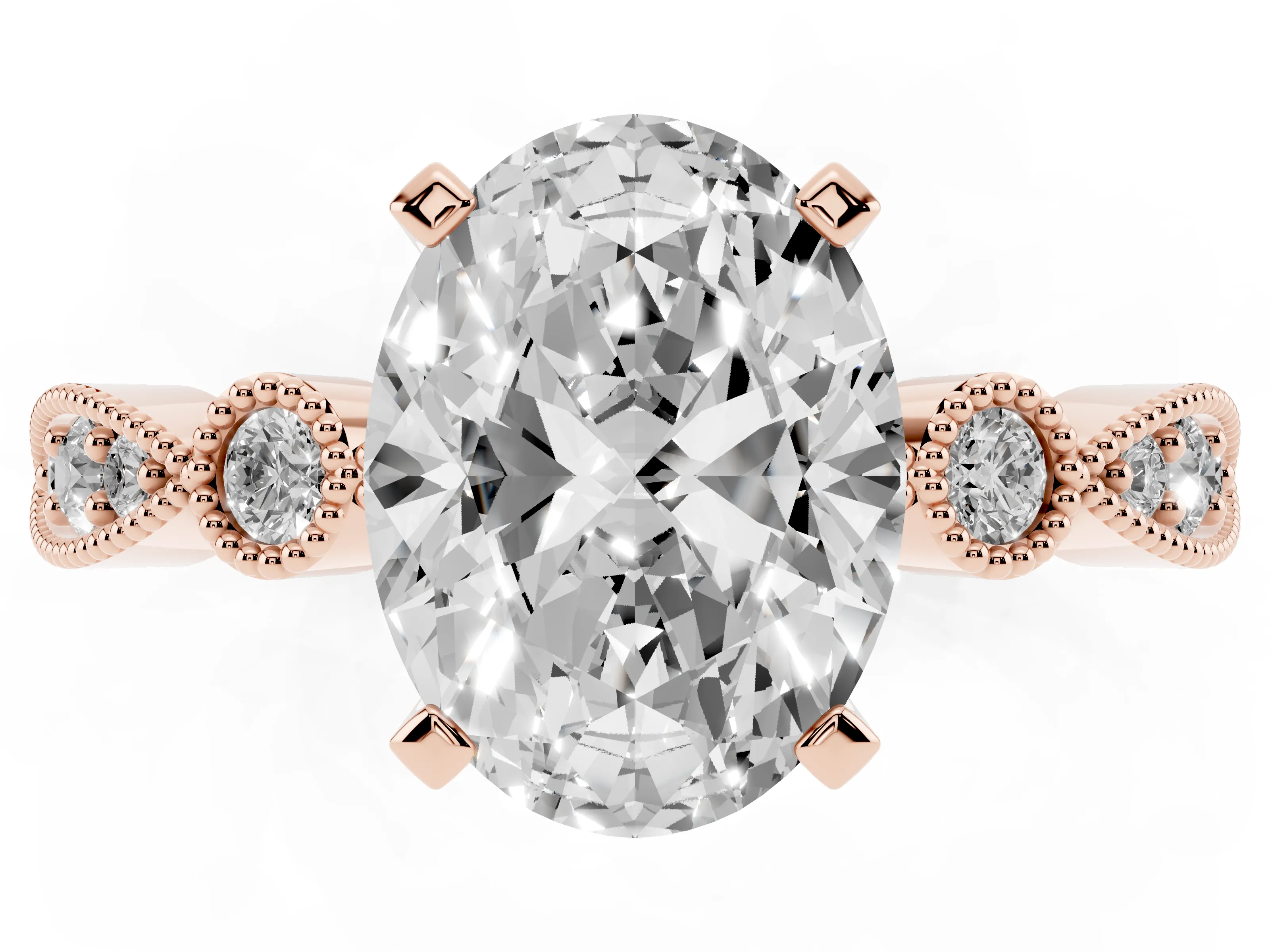 Oval Cut Diamond Solitaire Engagement Ring Set in Rose gold with Milgrain Bezel Accent Band