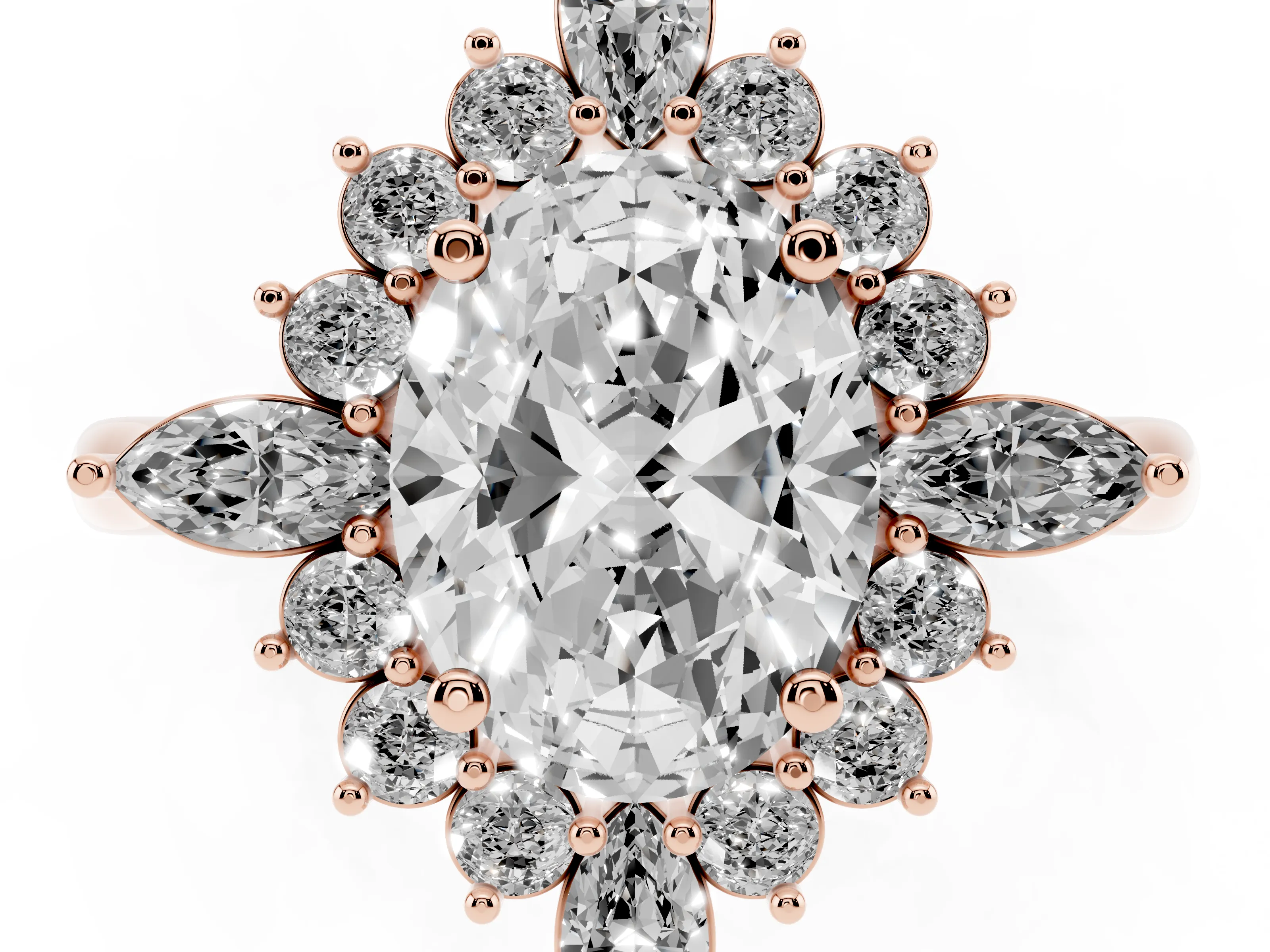 Oval Cut Diamond Cluster Halo Ring Set in Rose gold with Marquise and Round Accents