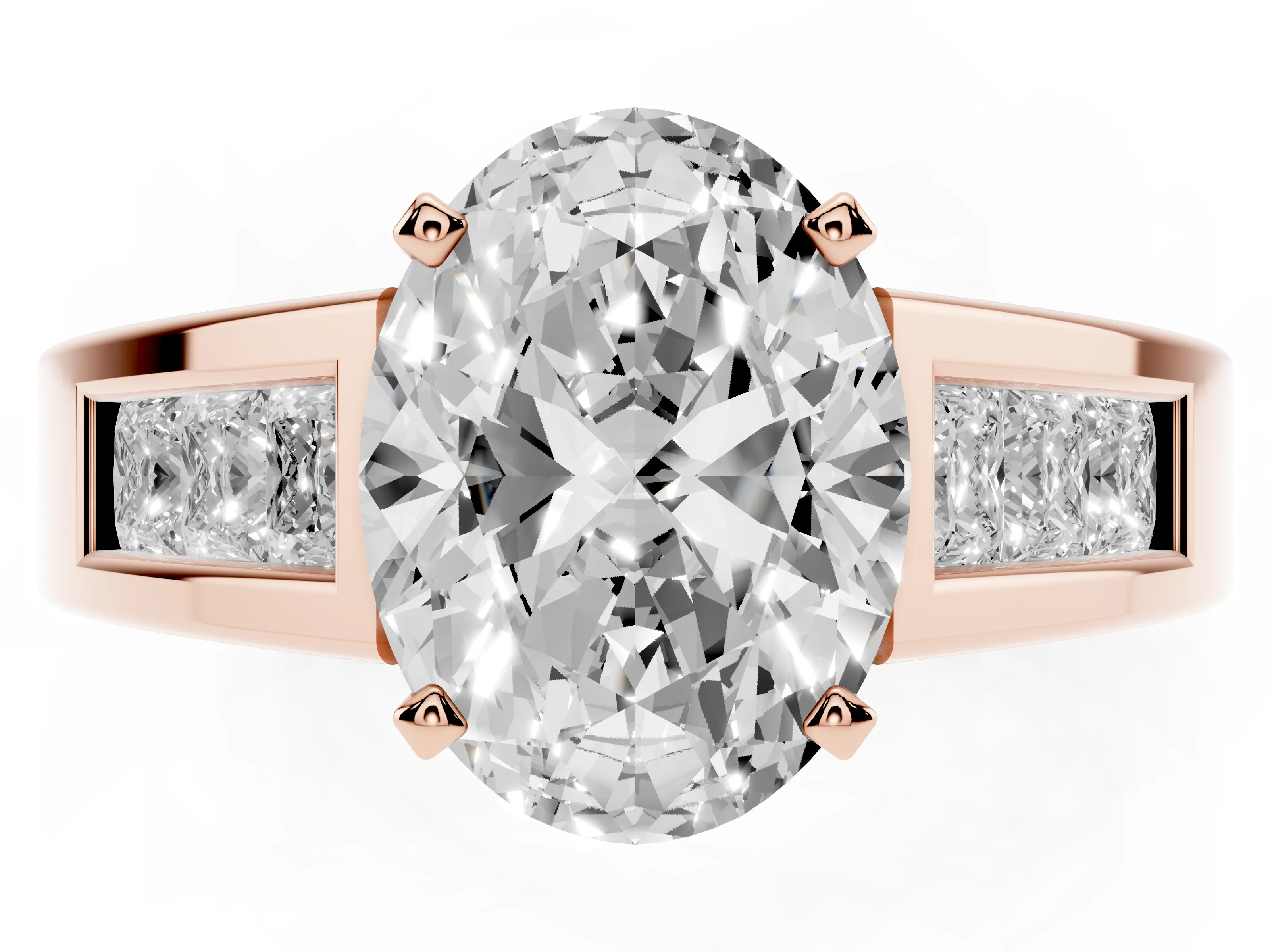 Oval Cut Diamond Solitaire Ring Set in Rose gold with Channel-Set Accent Stones and Prong Setting