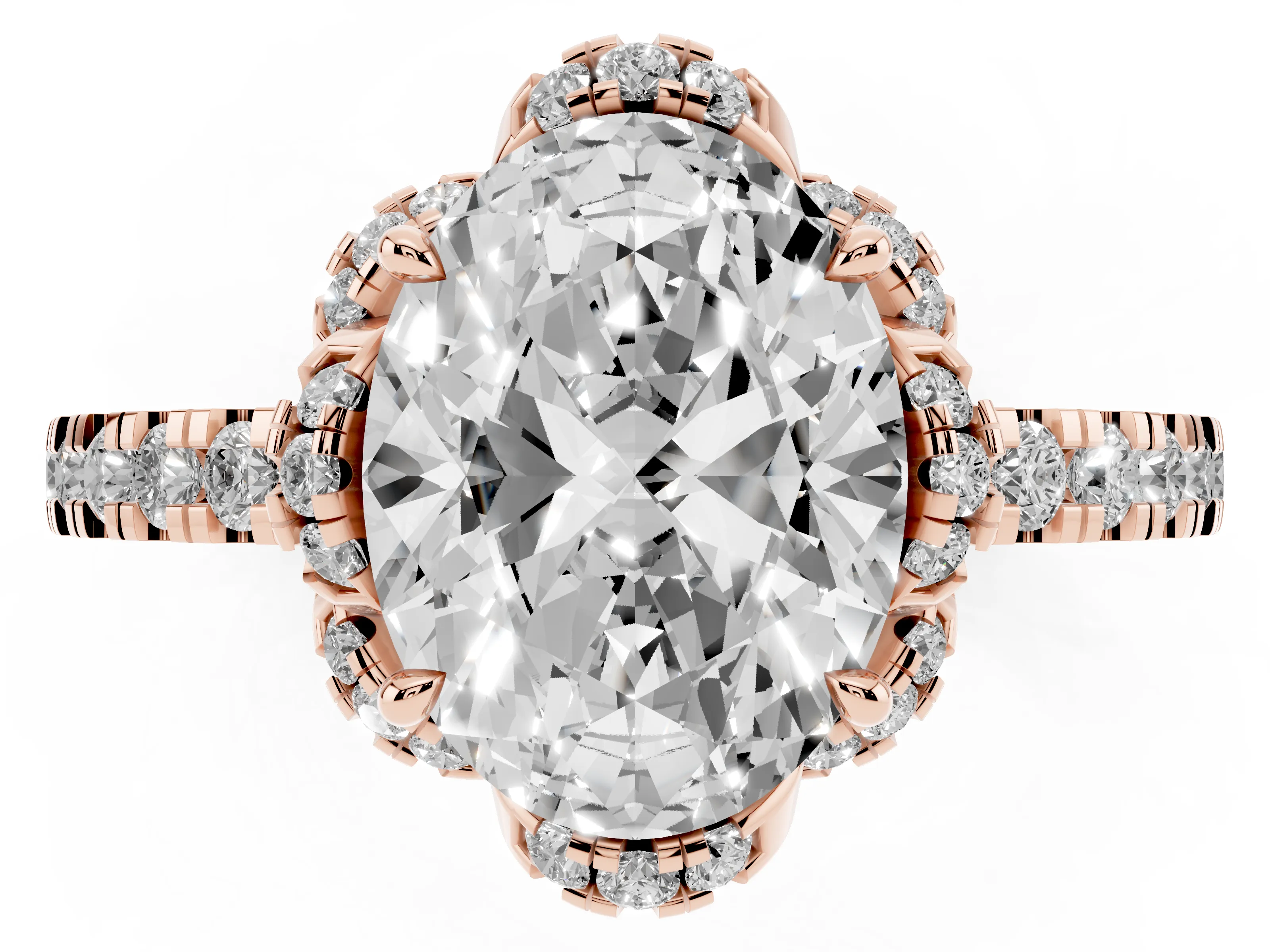 Oval Cut Diamond Halo Pavé Band Ring Set in Rose gold with Prong-Held Center