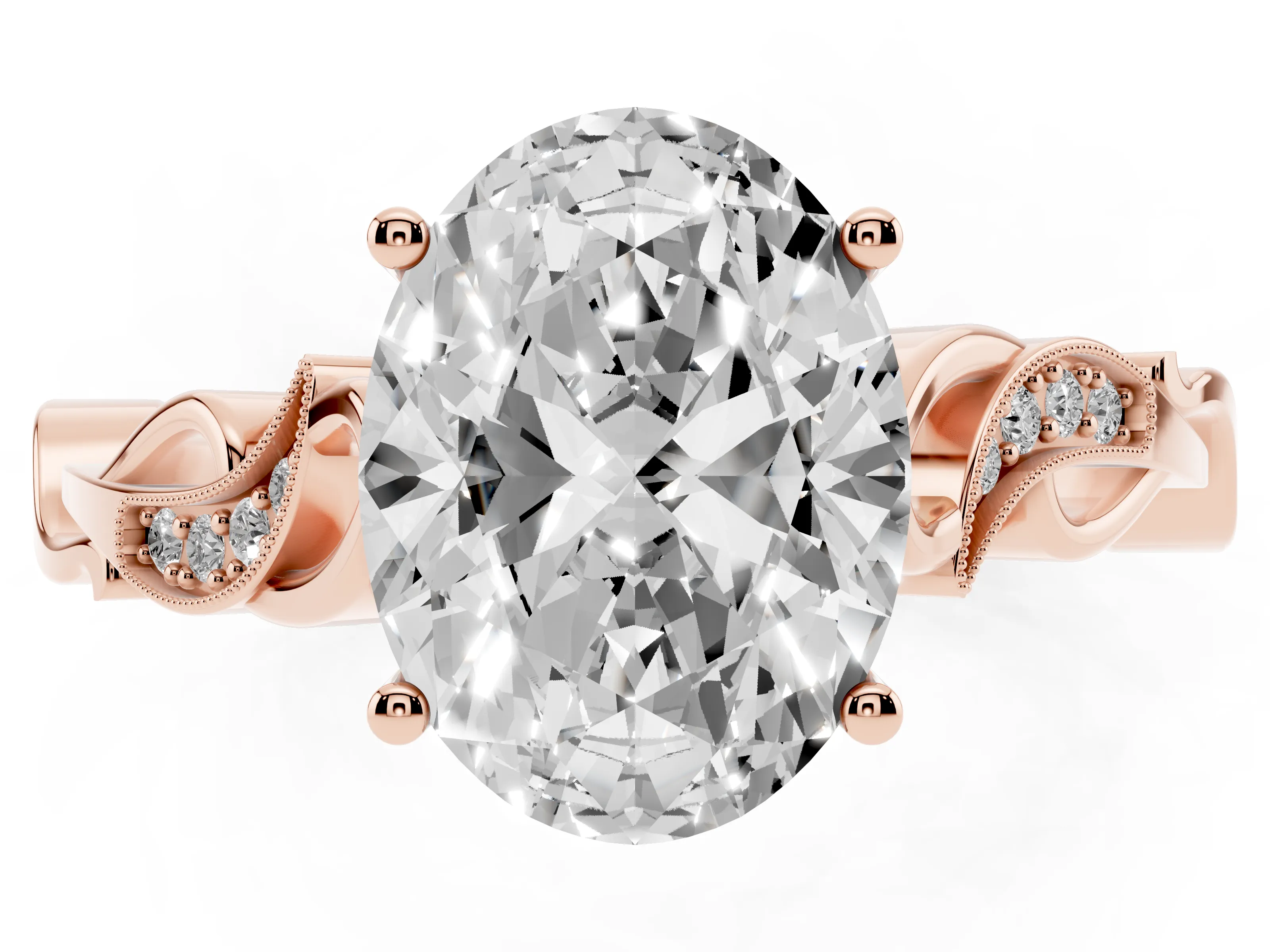 Oval Cut Diamond Vine Band Solitaire Ring Set in Rose gold with Milgrain Prong Setting