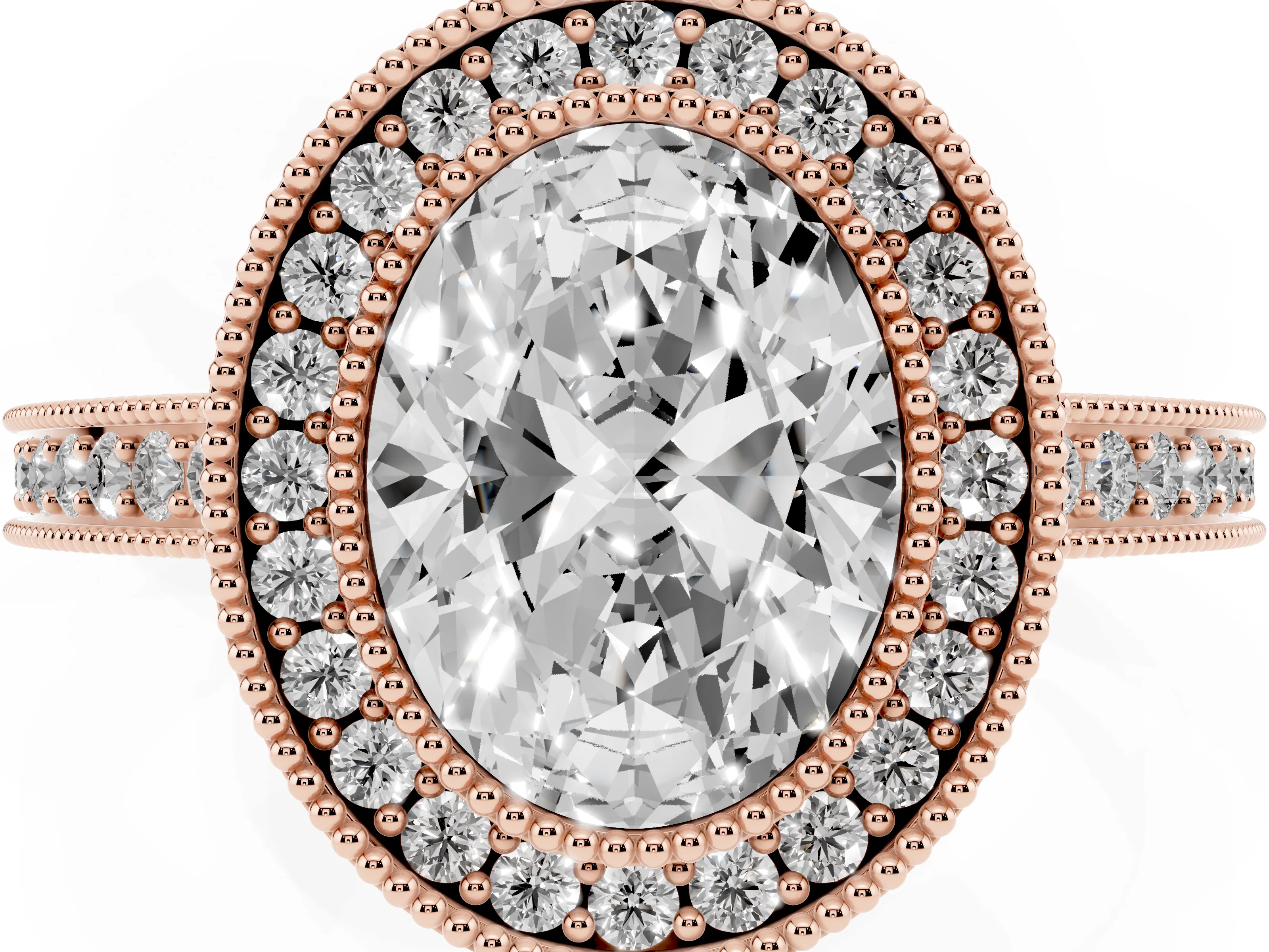 Oval Cut Diamond Round Halo Ring Set in Rose gold with Pavé Band