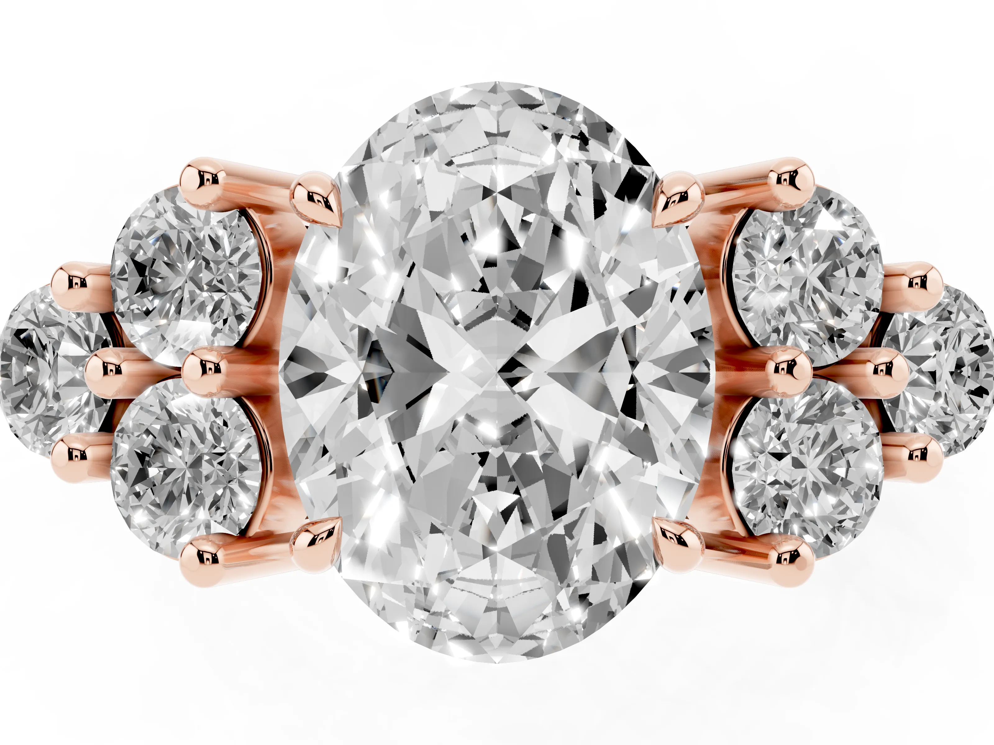 Oval Cut Diamond Solitaire Ring Set in Rose gold with Cluster Accents on Each Side