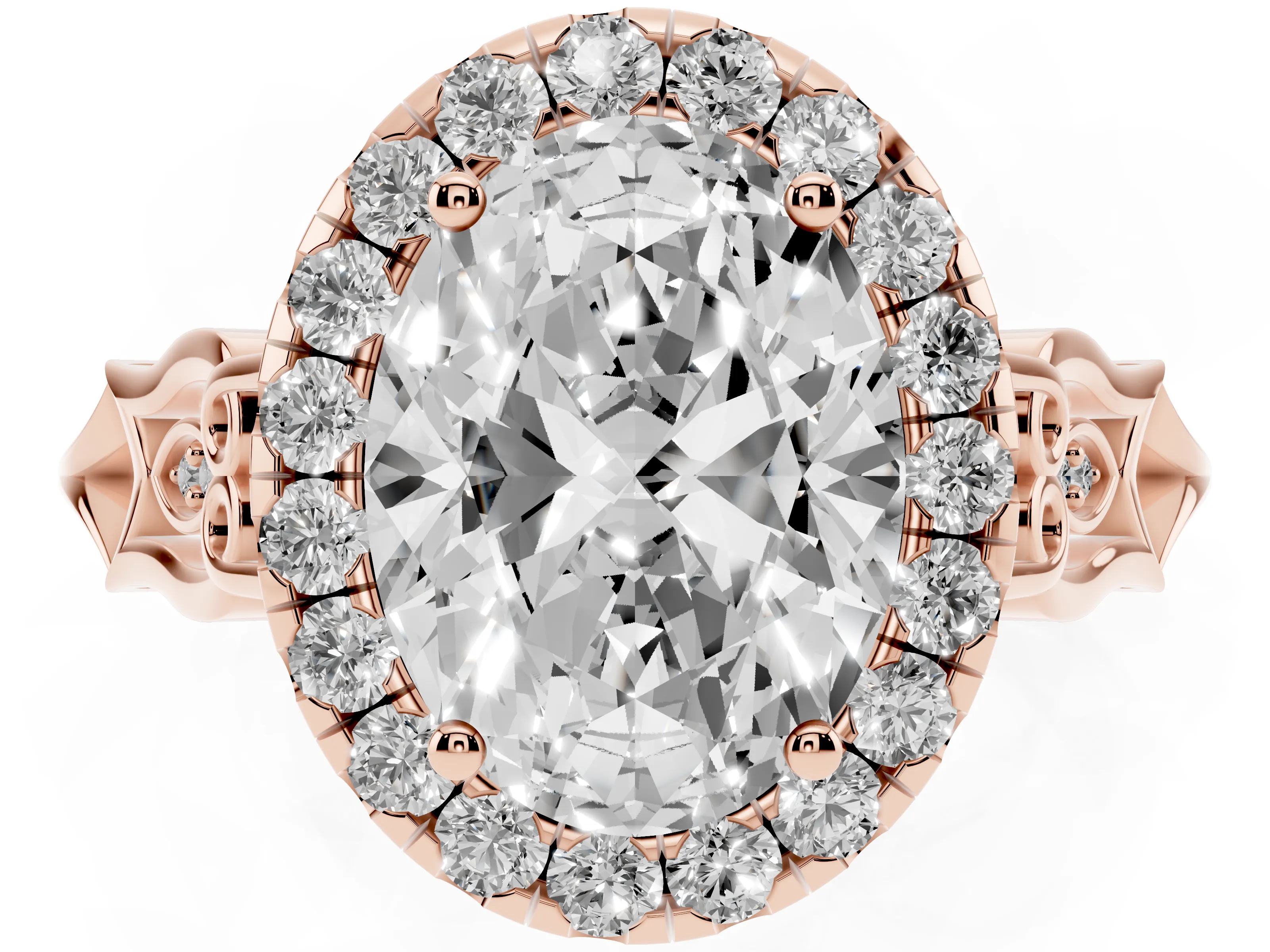 Oval Cut Diamond Halo Engagement Ring Set in Rose gold with Filigree Band and Prong-Set Center