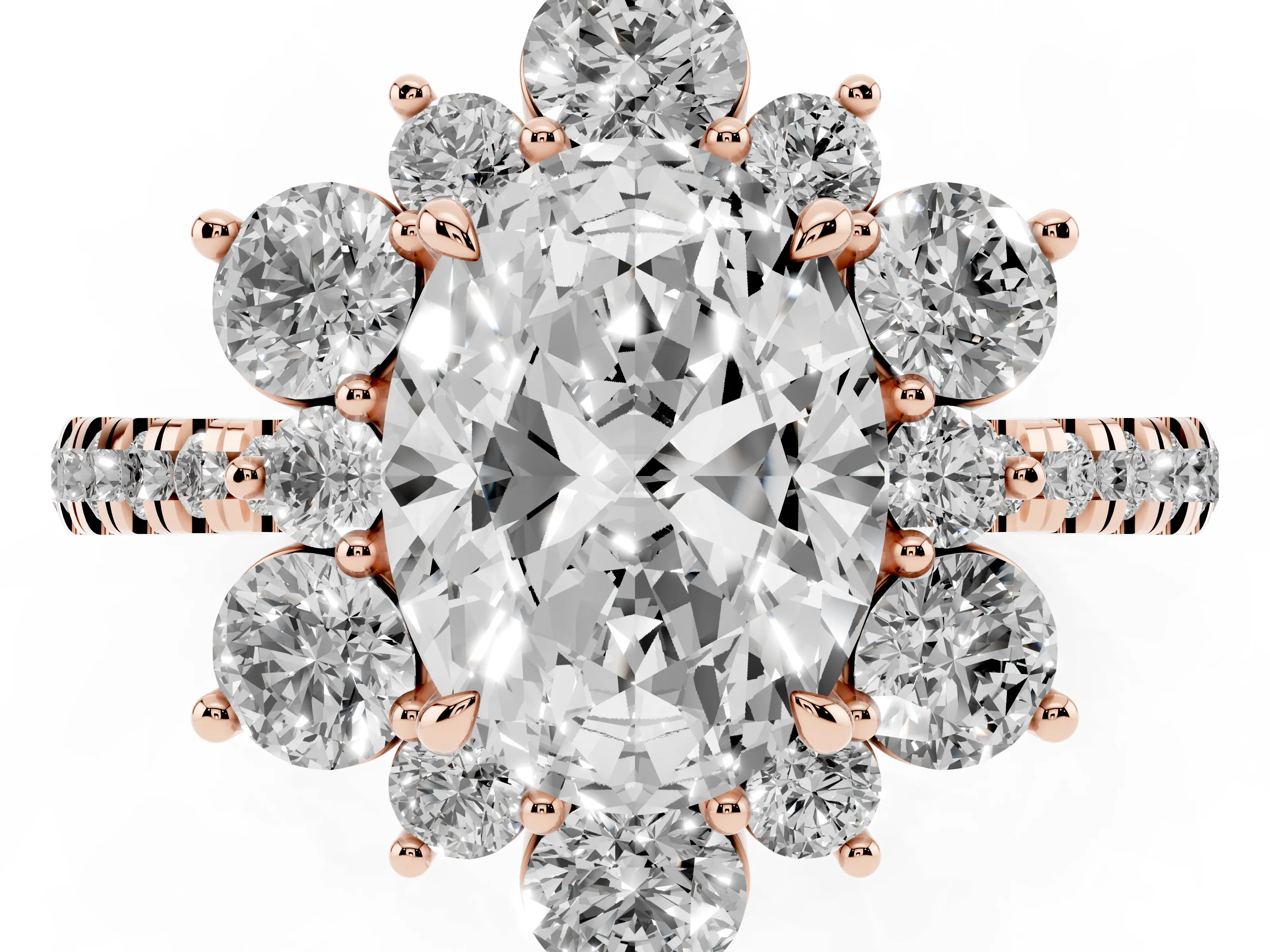 Oval Cut Diamond Floral Halo Ring Set in Rose gold with Round Pavé Band and Prong Setting