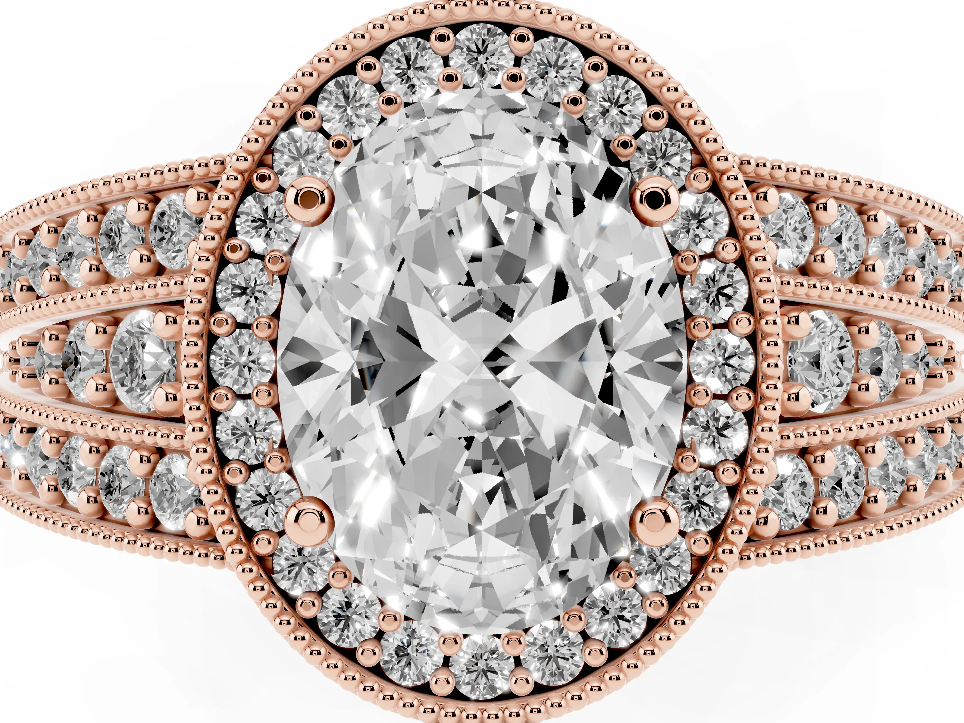 Oval Cut Diamond Halo Ring Set in Rose gold with Accent Split Shank and Prong Setting
