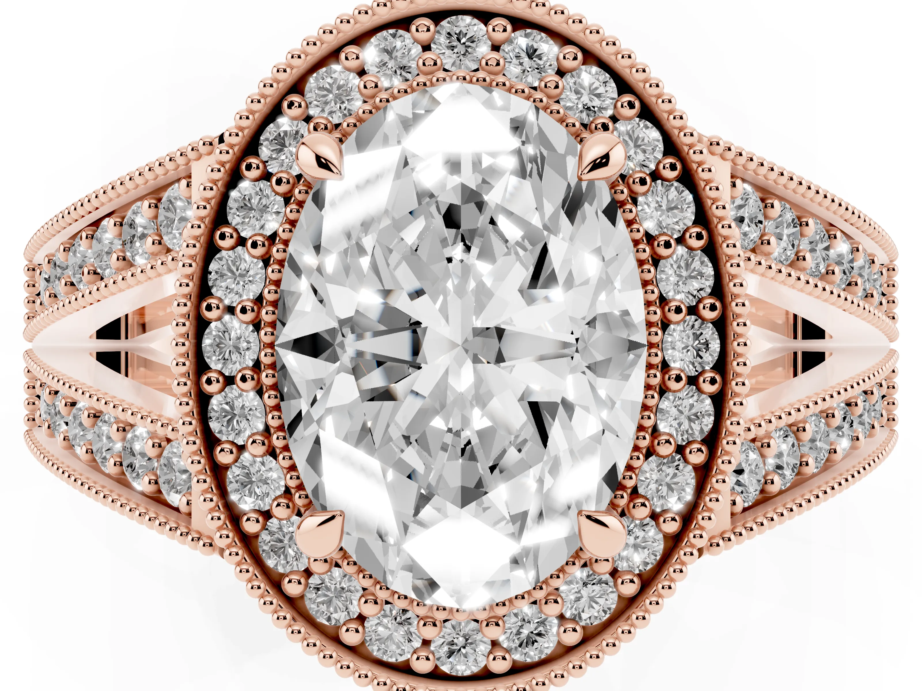 Oval Cut Diamond Halo Ring Set in Rose gold with Stone-Set Split Shank and Milgrain Edges