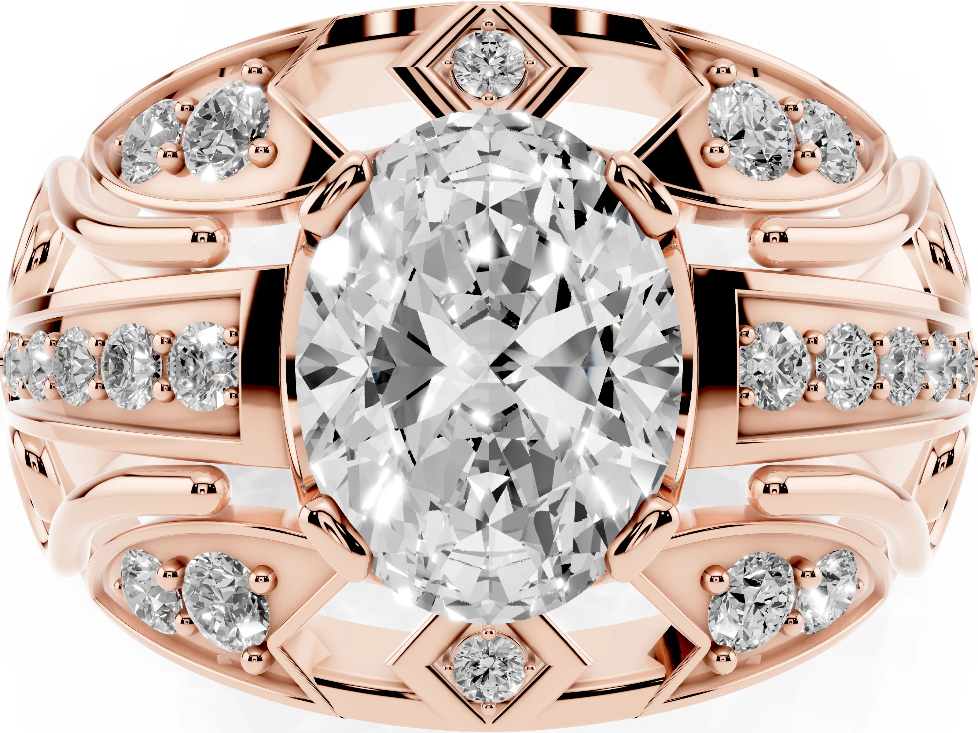 Oval Cut Diamond Art Deco Ring Set in Rose gold with Pavé Split Shank