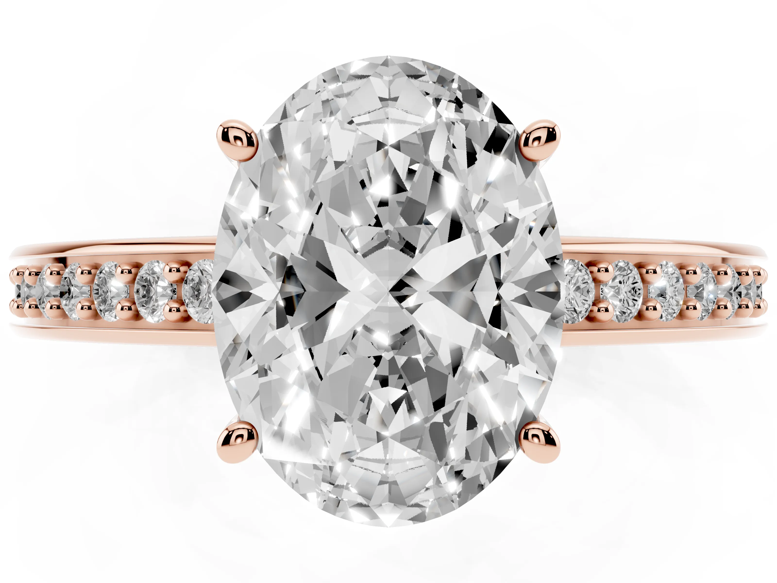 Oval Cut Diamond Pavé Band Prong Set Solitaire Ring Set in Rose gold