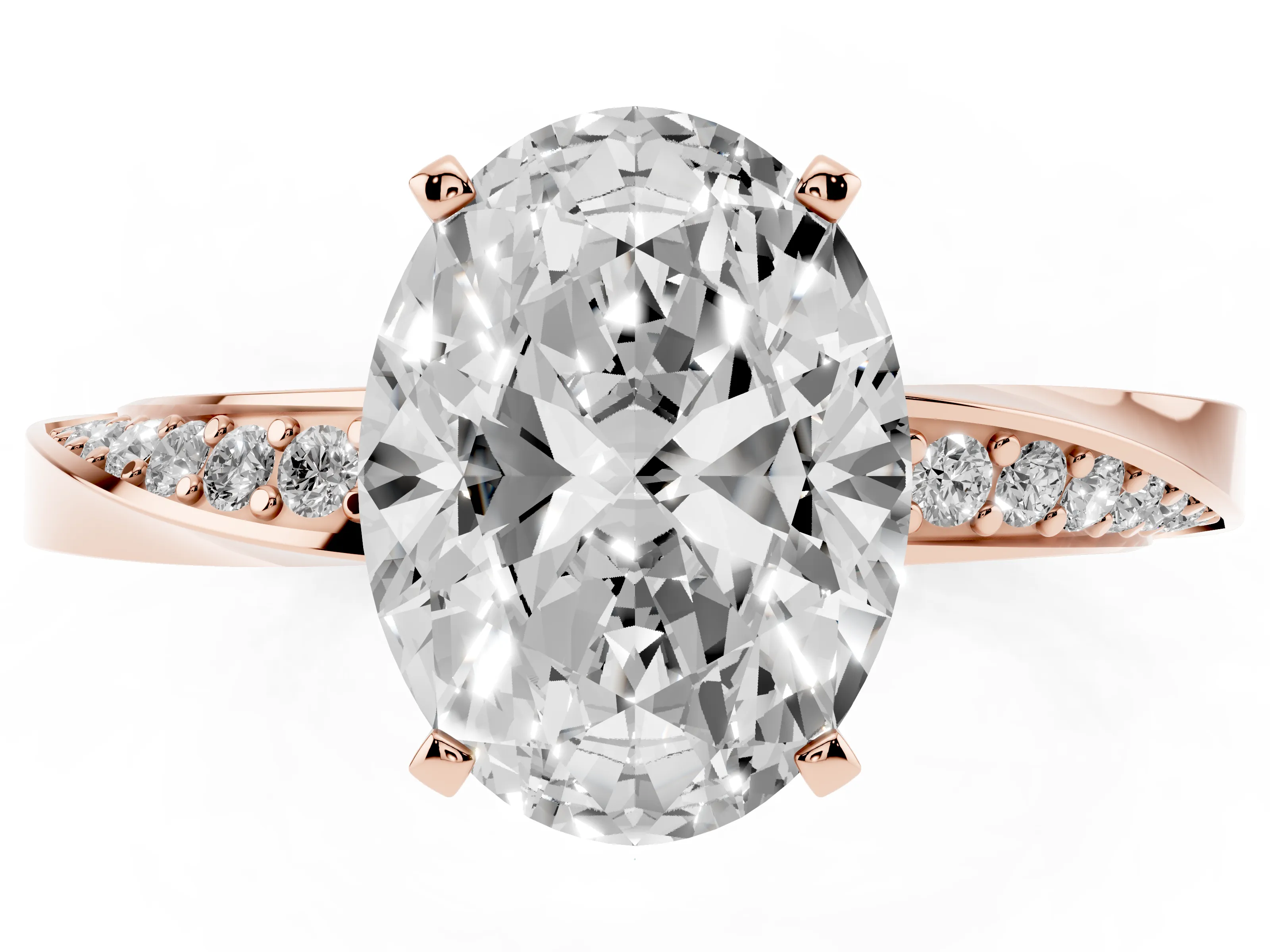 Oval Cut Diamond Engagement Ring Set in Rose gold with Side Stone Accents and Prong Setting