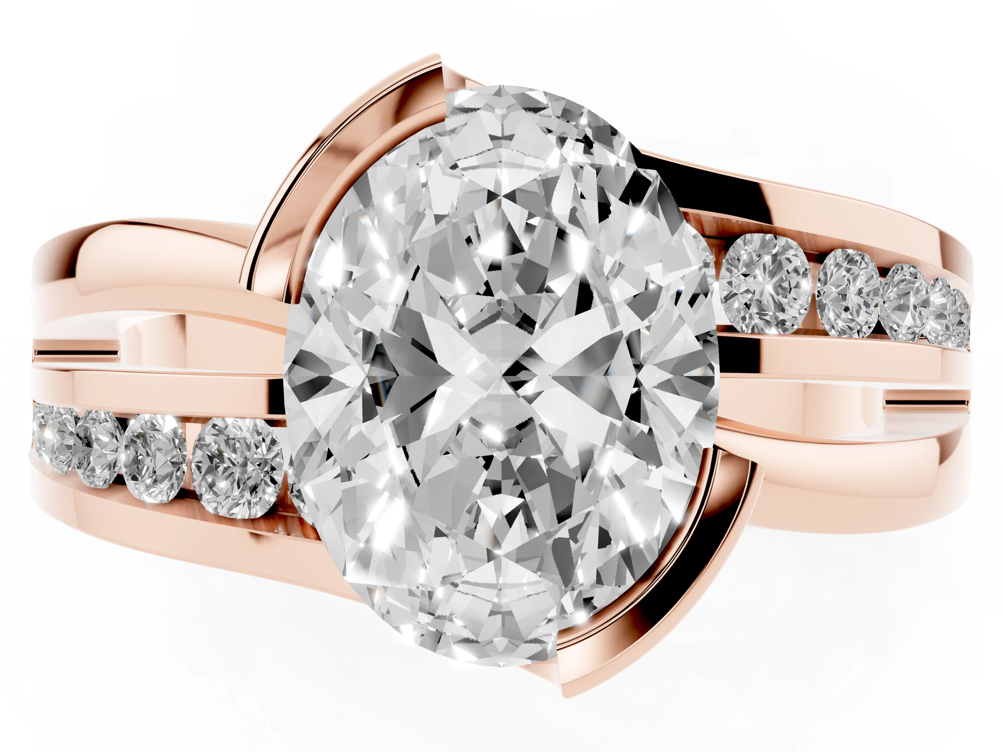 Oval Cut Diamond Solitaire Ring Set in Rose gold with Channel Set Split Shank and Tension Prongs