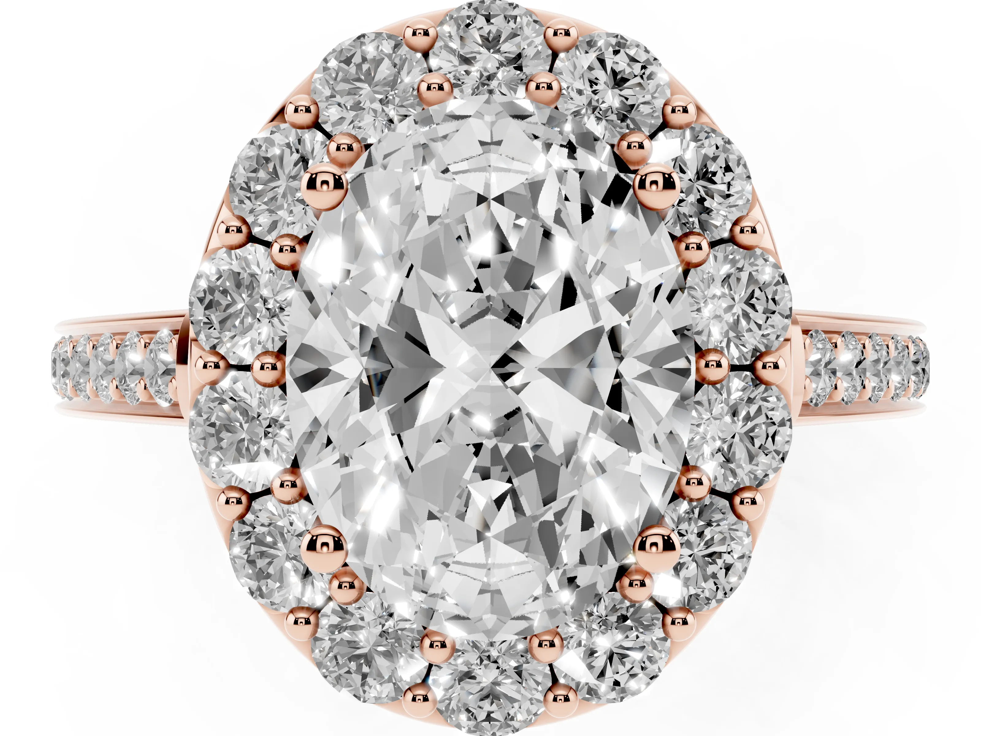 Oval Cut Diamond Floral Halo Ring Set in Rose gold with Pavé Band and Prong Setting
