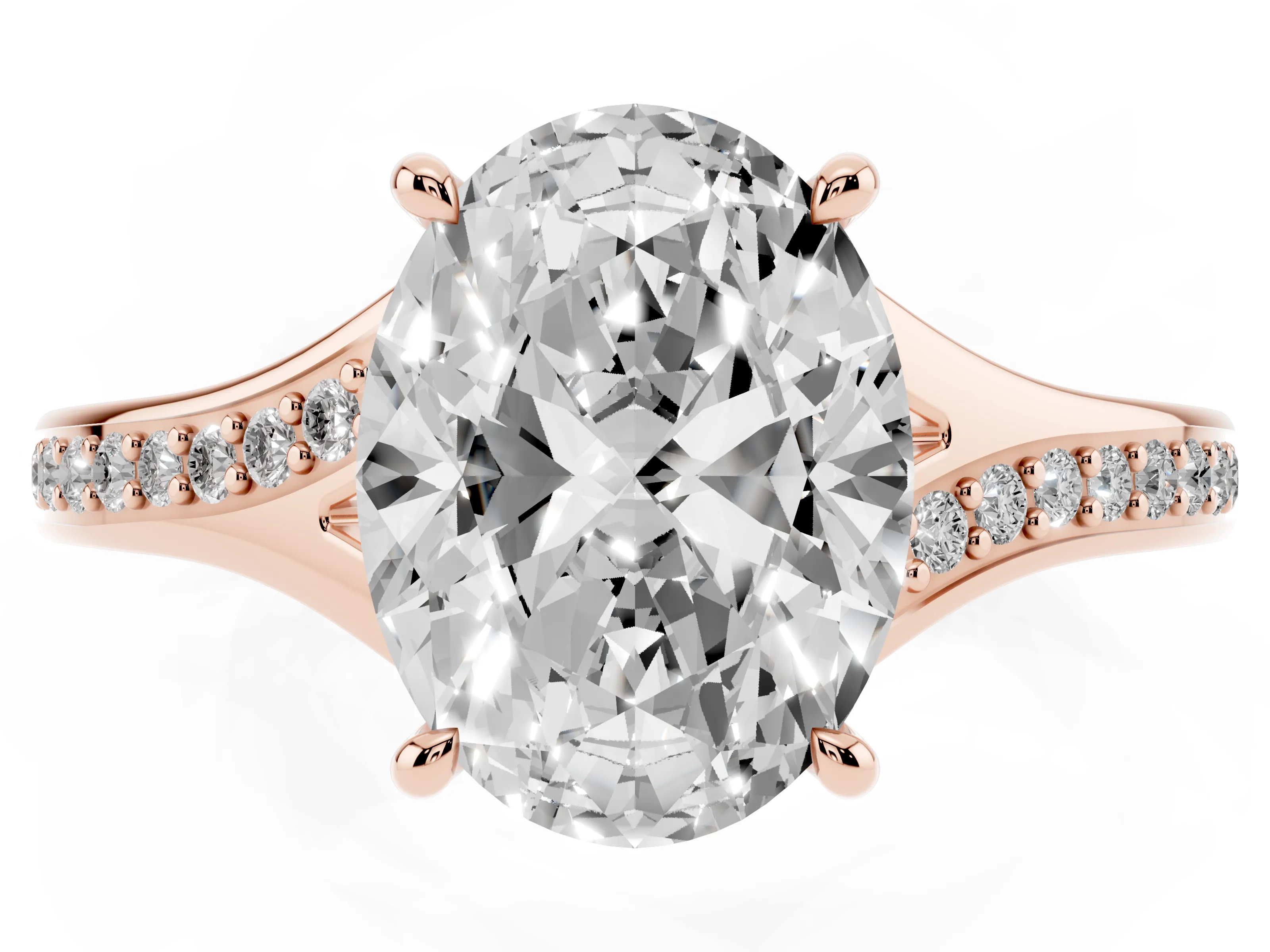 Oval Cut Diamond Solitaire Ring Set in Rose gold with Pavé Accent Band and Classic Prong Setting