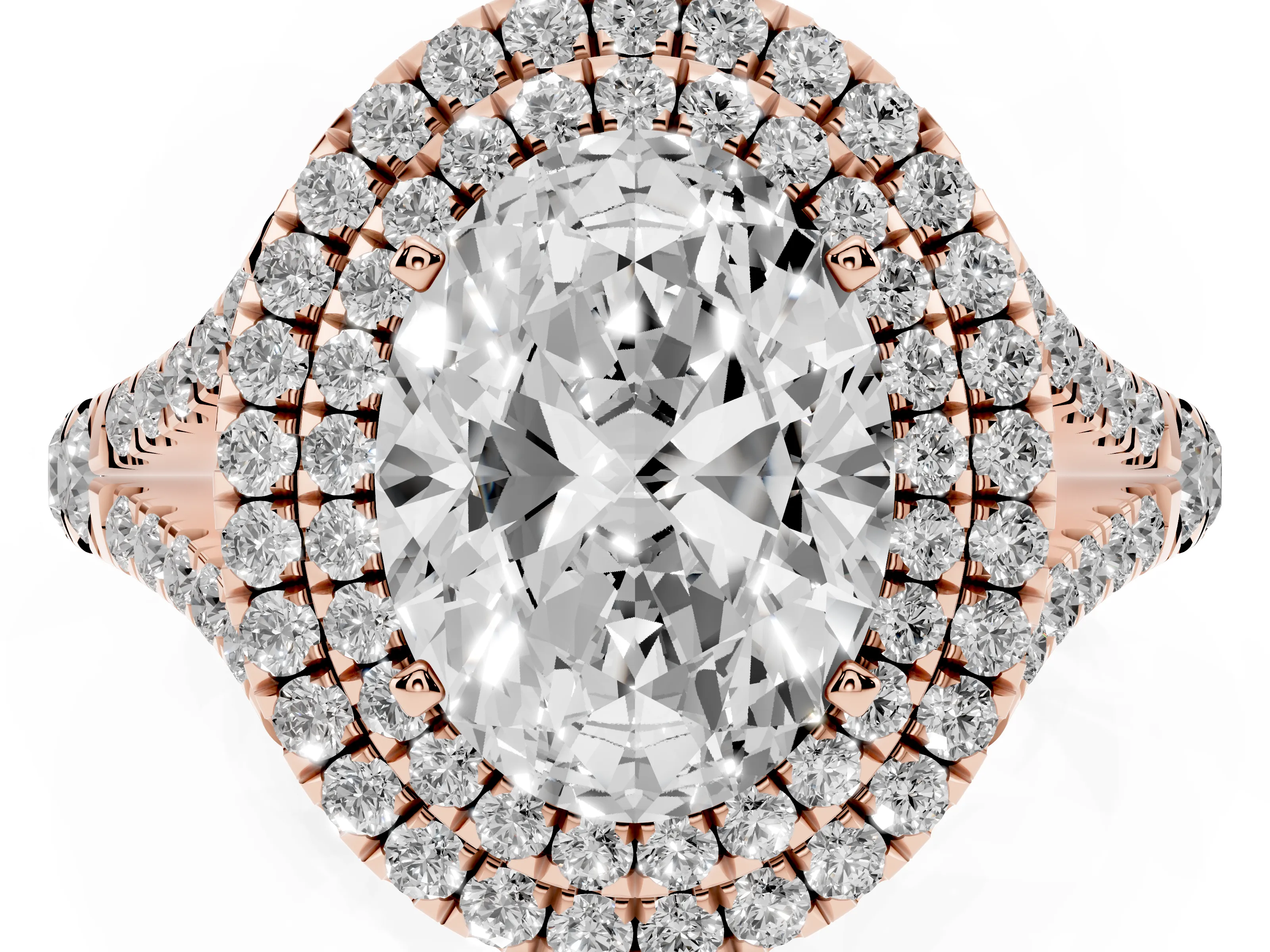Oval Cut Diamond Pavé Split Shank Double Halo Engagement Ring Set in Rose gold