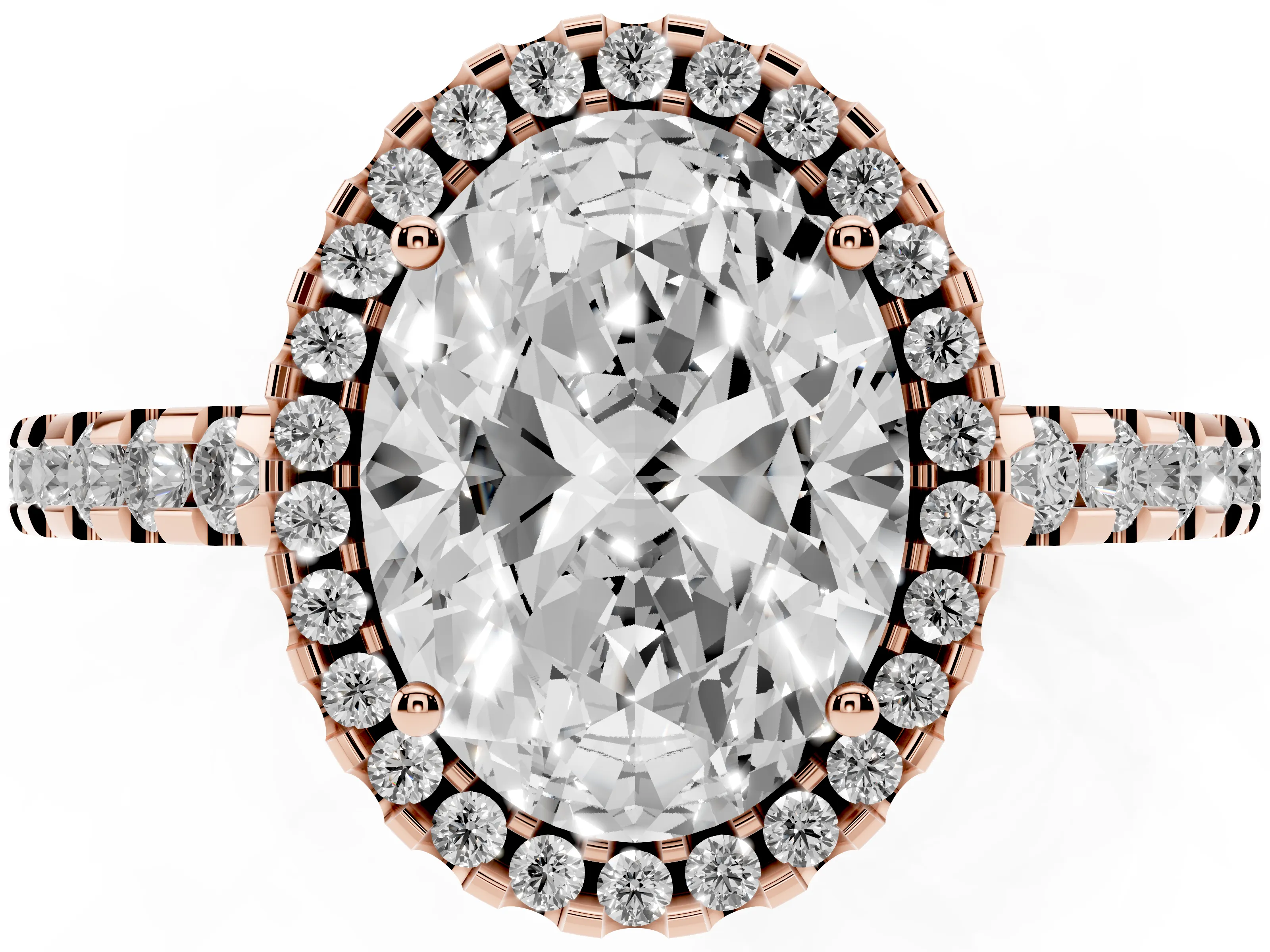 Oval Cut Diamond Halo Ring Set in Rose gold with Pavé Shoulders and Halo-Framed Center