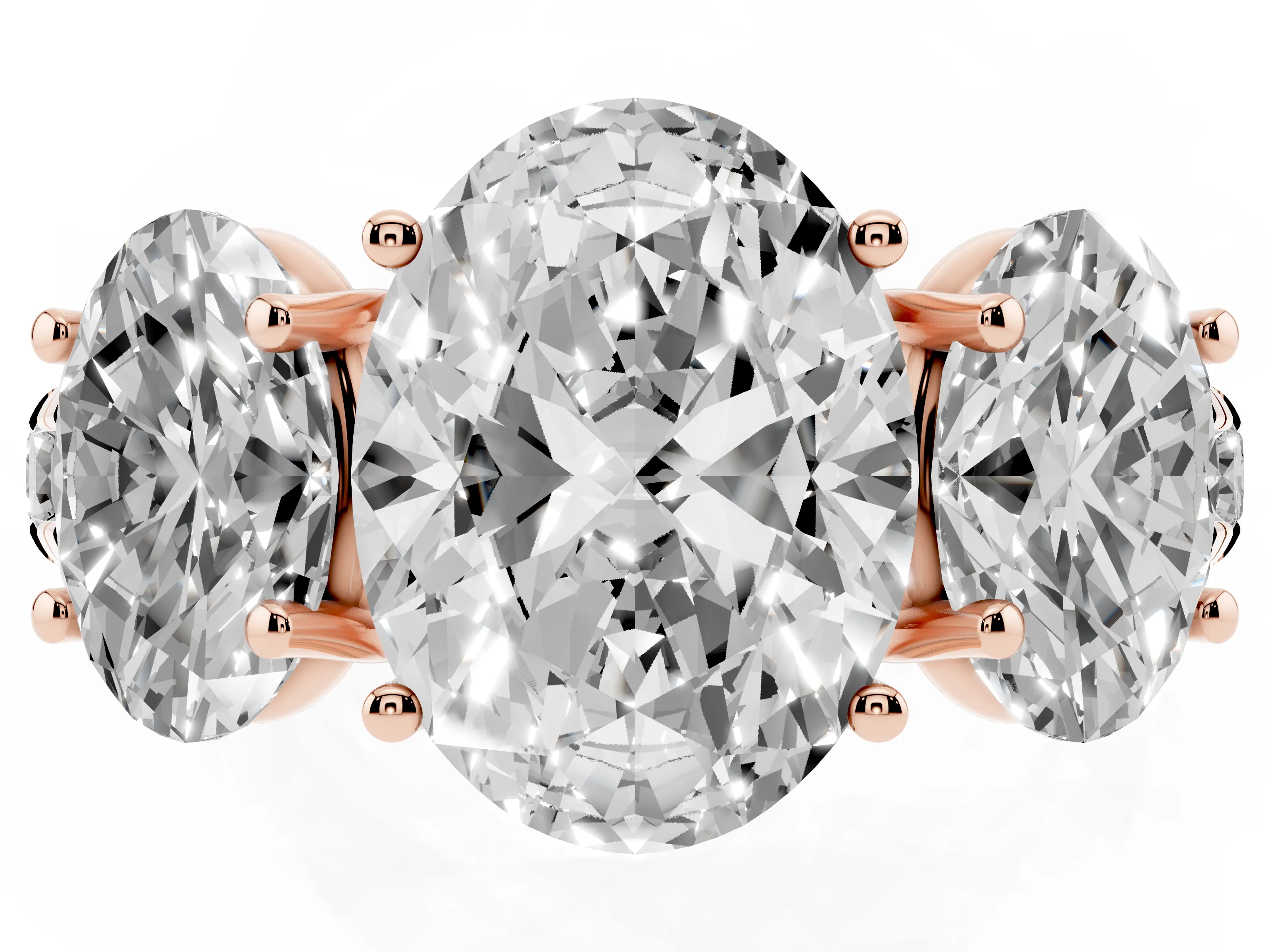 Oval Cut Diamond Three-Stone Ring Set in Rose gold with Pavé Band