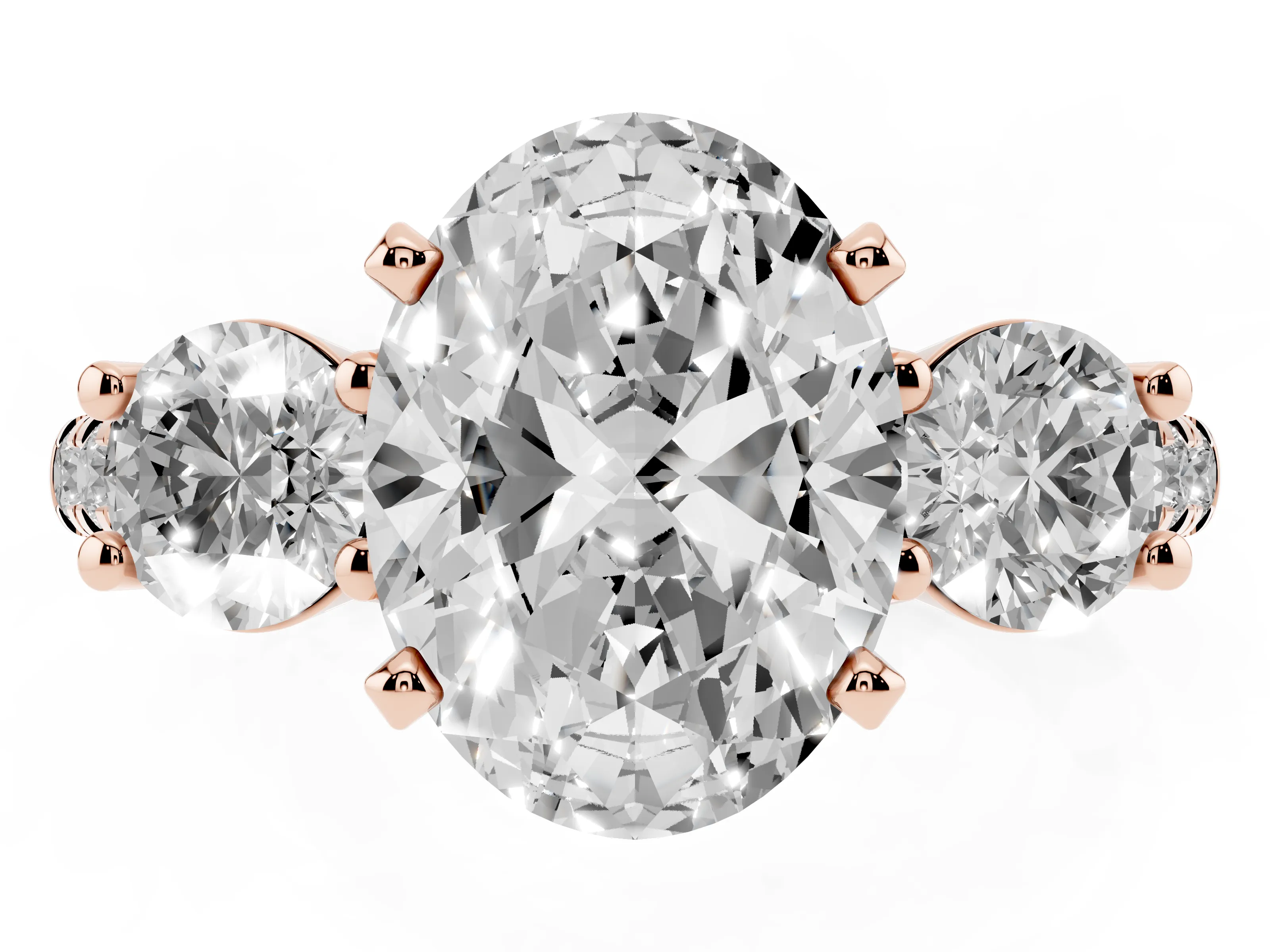 Three-Stone Oval Cut Diamond Pavé Band Ring Set in Rose gold with Prong-Set Trio