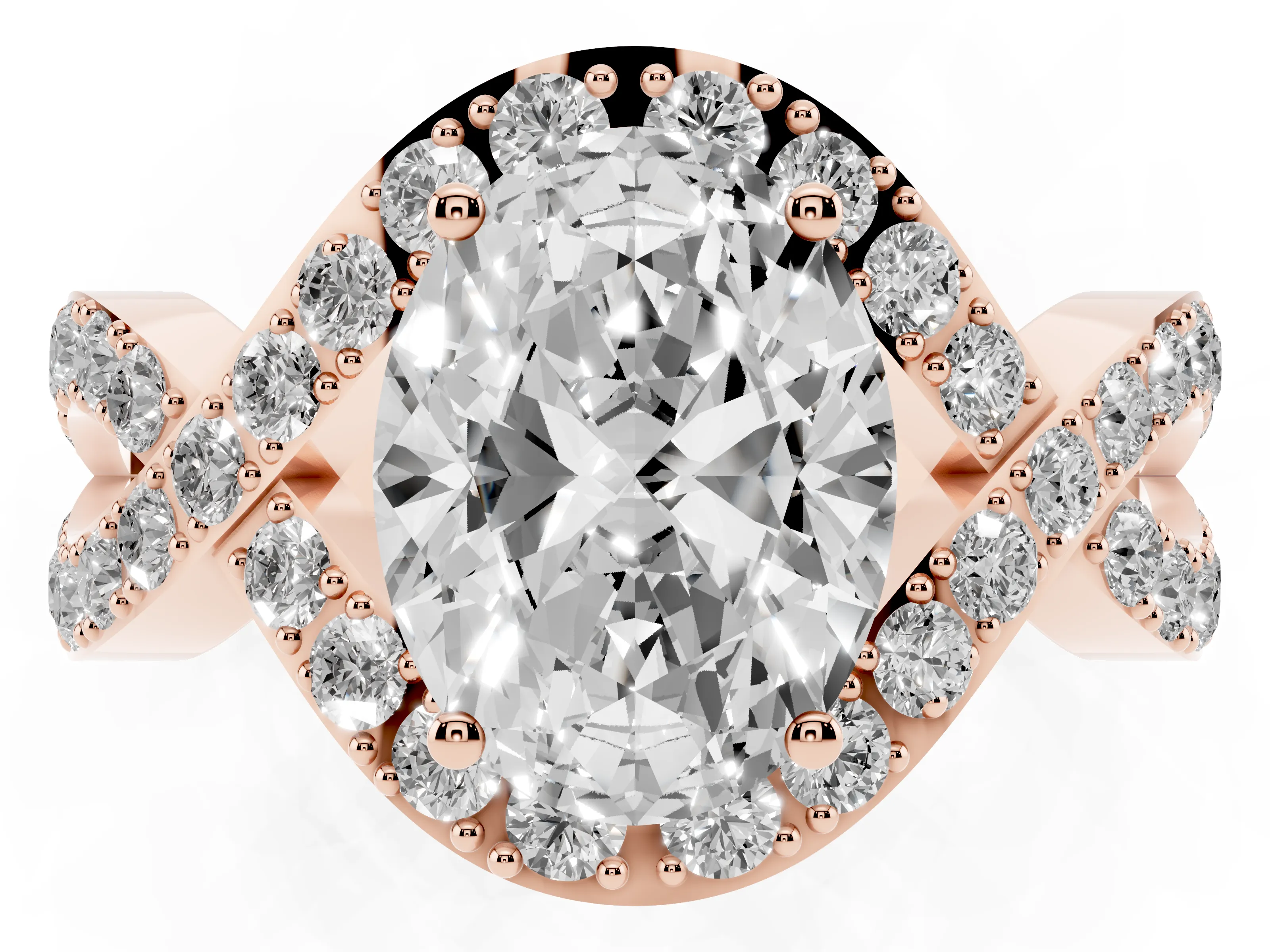 Oval Cut Diamond Solitaire Twist Band Pavé Engagement Ring Set in Rose gold