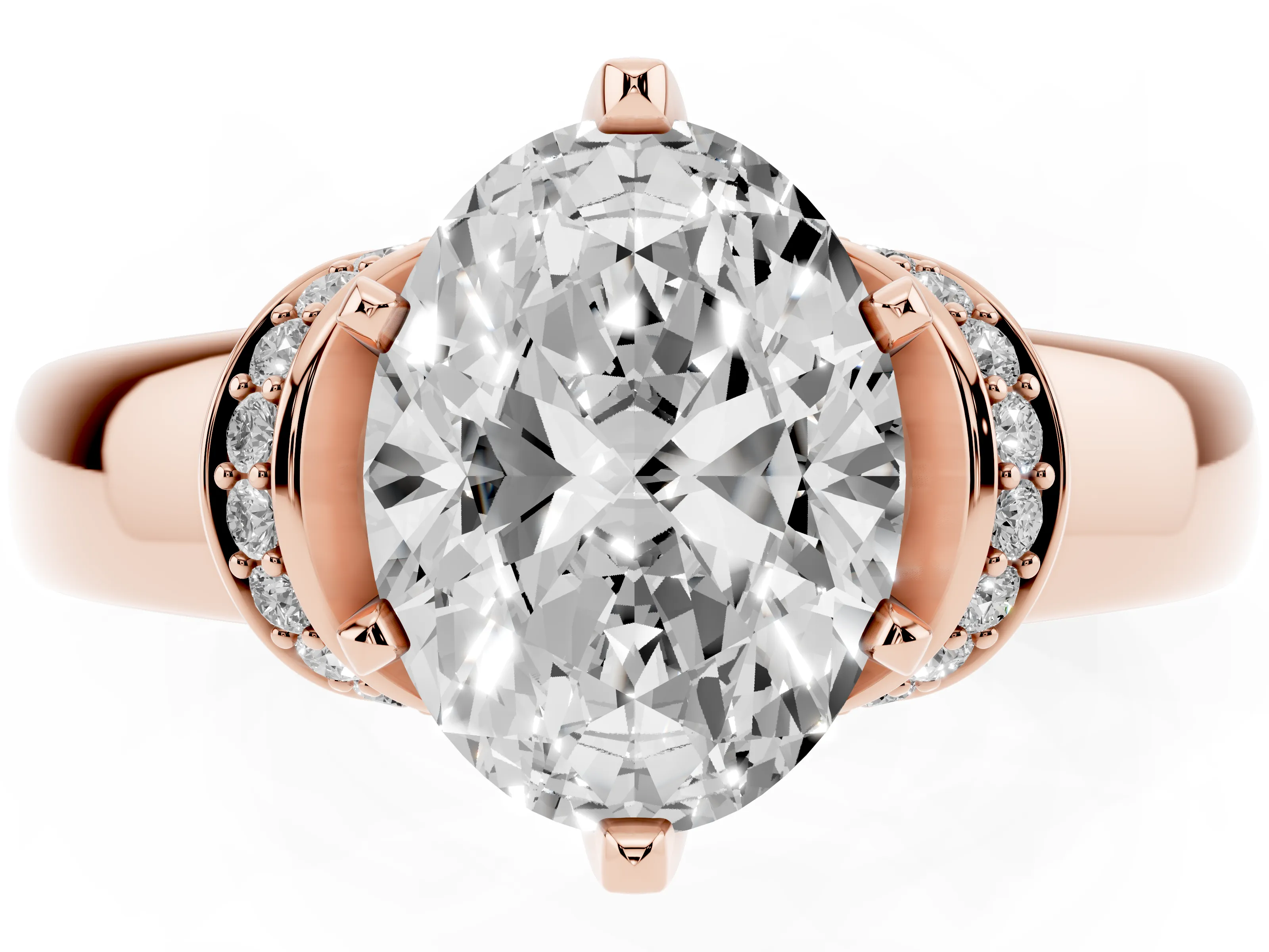 Oval Cut Diamond Pavé Band Solitaire Ring Set in Rose gold with Prong Setting